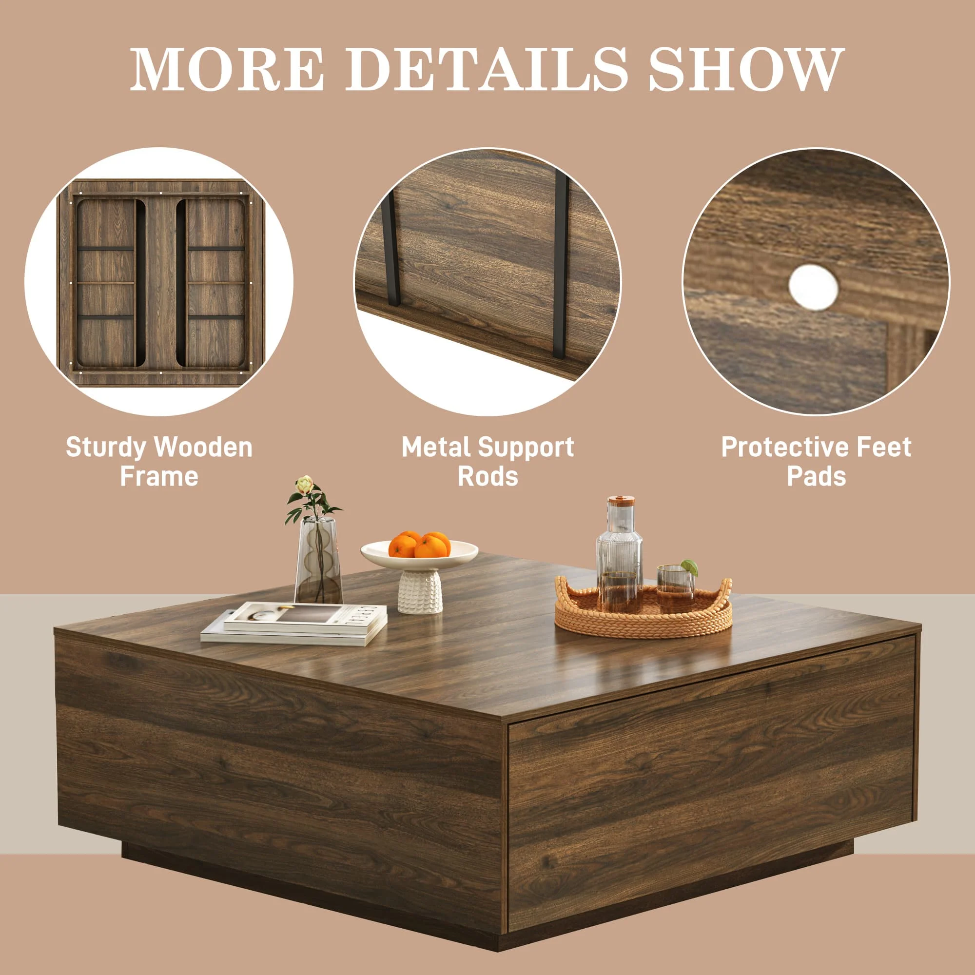 Blotout Square Coffee Table with 2 Large Drawers, 43