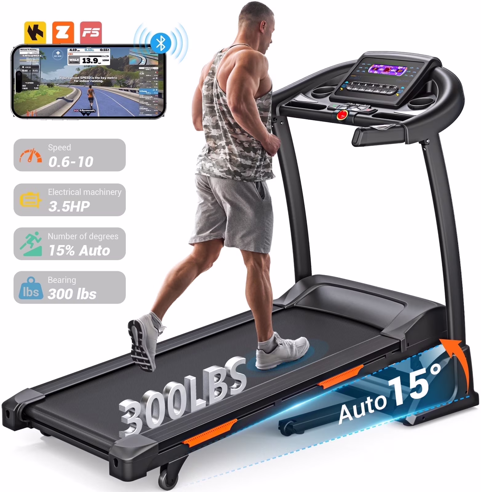 3.5HP Folding Treadmill, 300lb Capacity, 15 Levels Auto Incline Treadmills for Home Running and Walking Max 10MPH Speed Dprodo Foldable EleTreadmill Running Machine with APP & Bluetooth