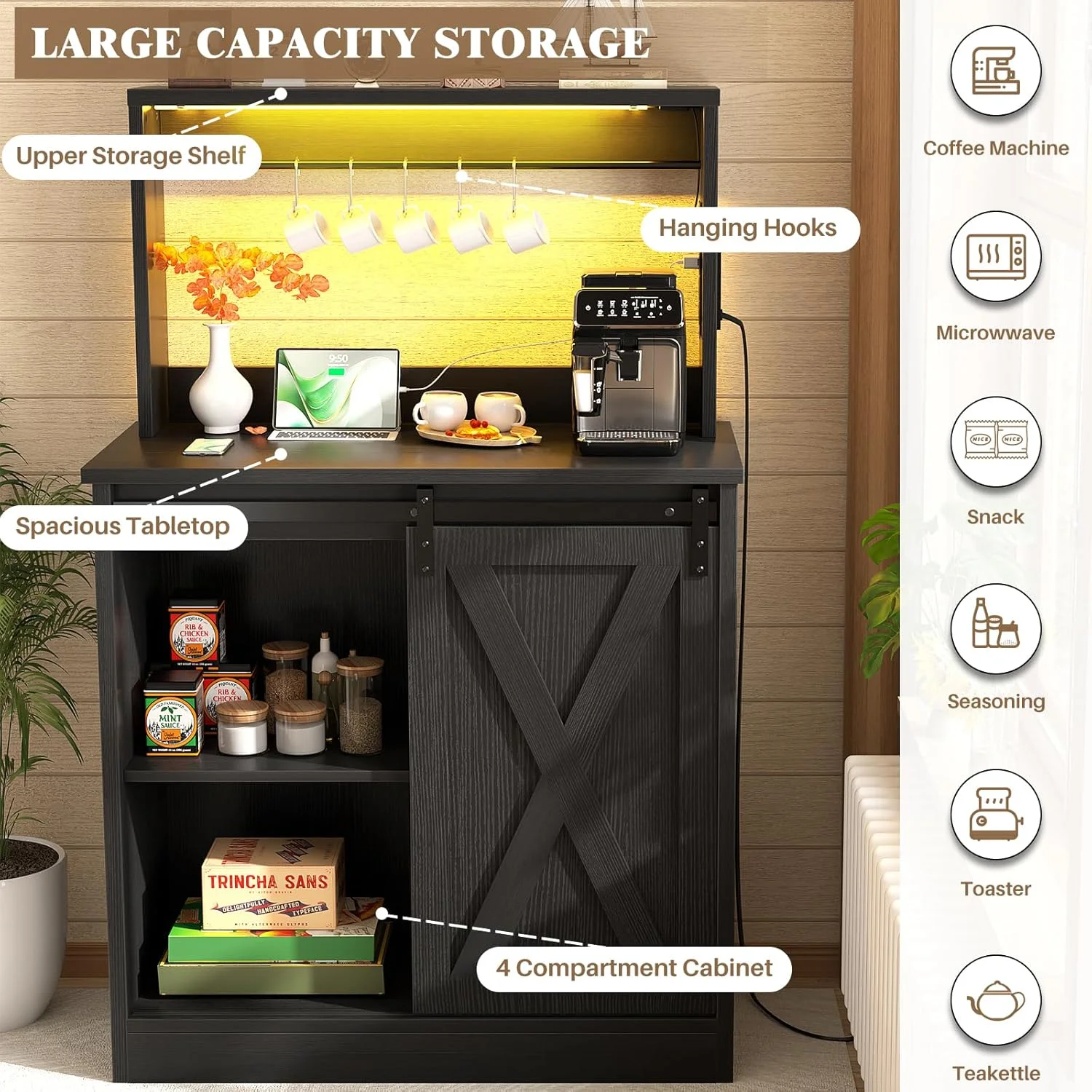 Homieasy Farmhouse Coffee Bar Cabinet with Charging Station, LED Lighting, Adjustable Shelves & Rustic Sliding Barn Door Design for Kitchen, Dining, or Living Room, Black Oak