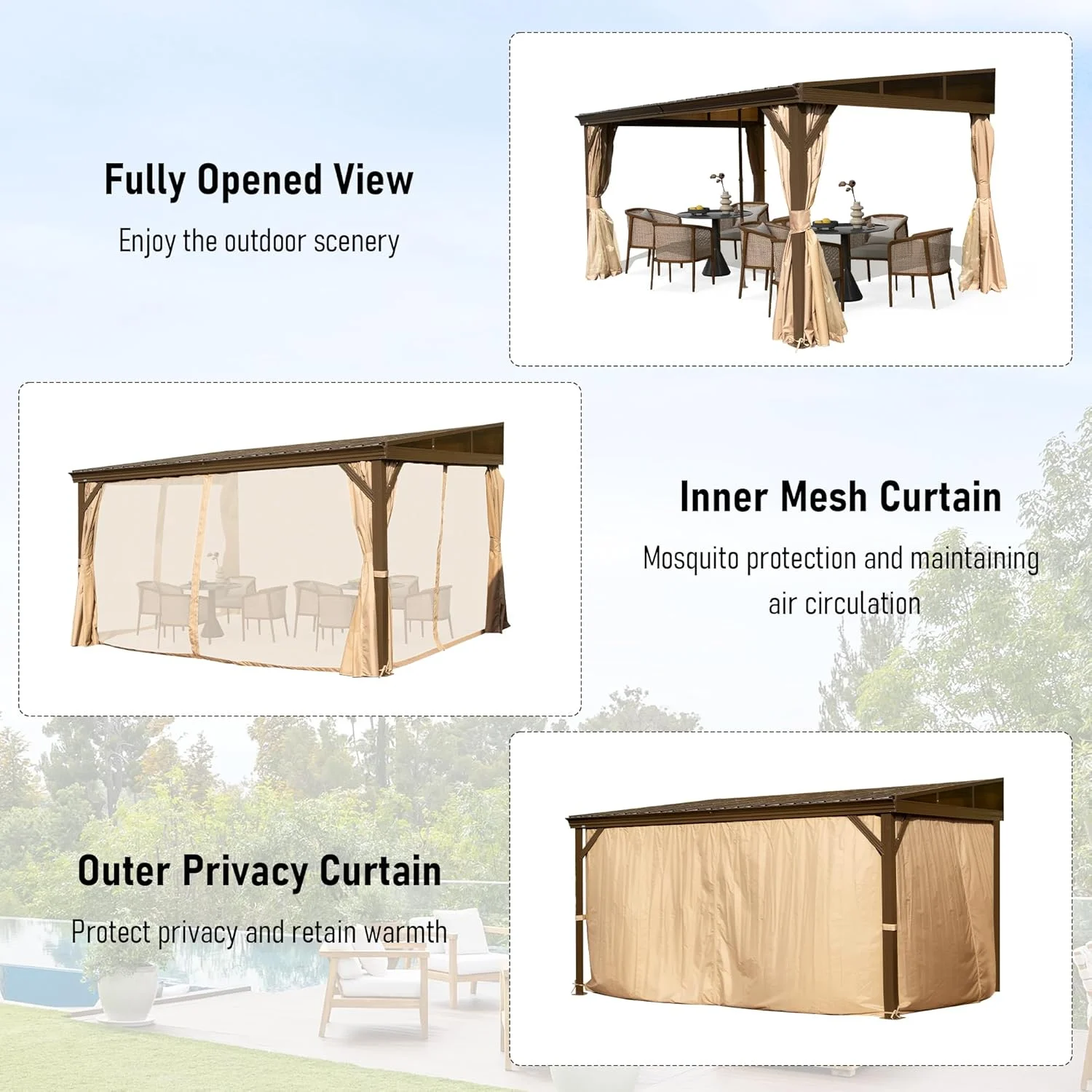 Domi Outdoor Living 10' x 12' Hardtop Lean-to Gazebo, Wall-Mounted with Galvanized Steel Roof Wall Pergola with Aluminum Frame, Curtains and Netting, for Patio, Deck, Garden, Backyard