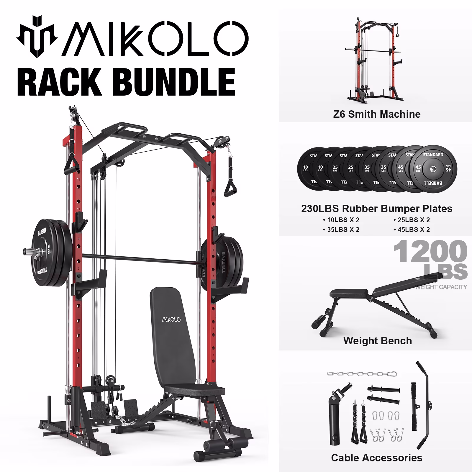 Mikolo Compact 7-IN-1 Smith Machine With Cable Crossover System, 1000LBS Multi-Functional Squat Rack, Workout Station with Weight Bar, Bend Peg and Other Functional Attachments