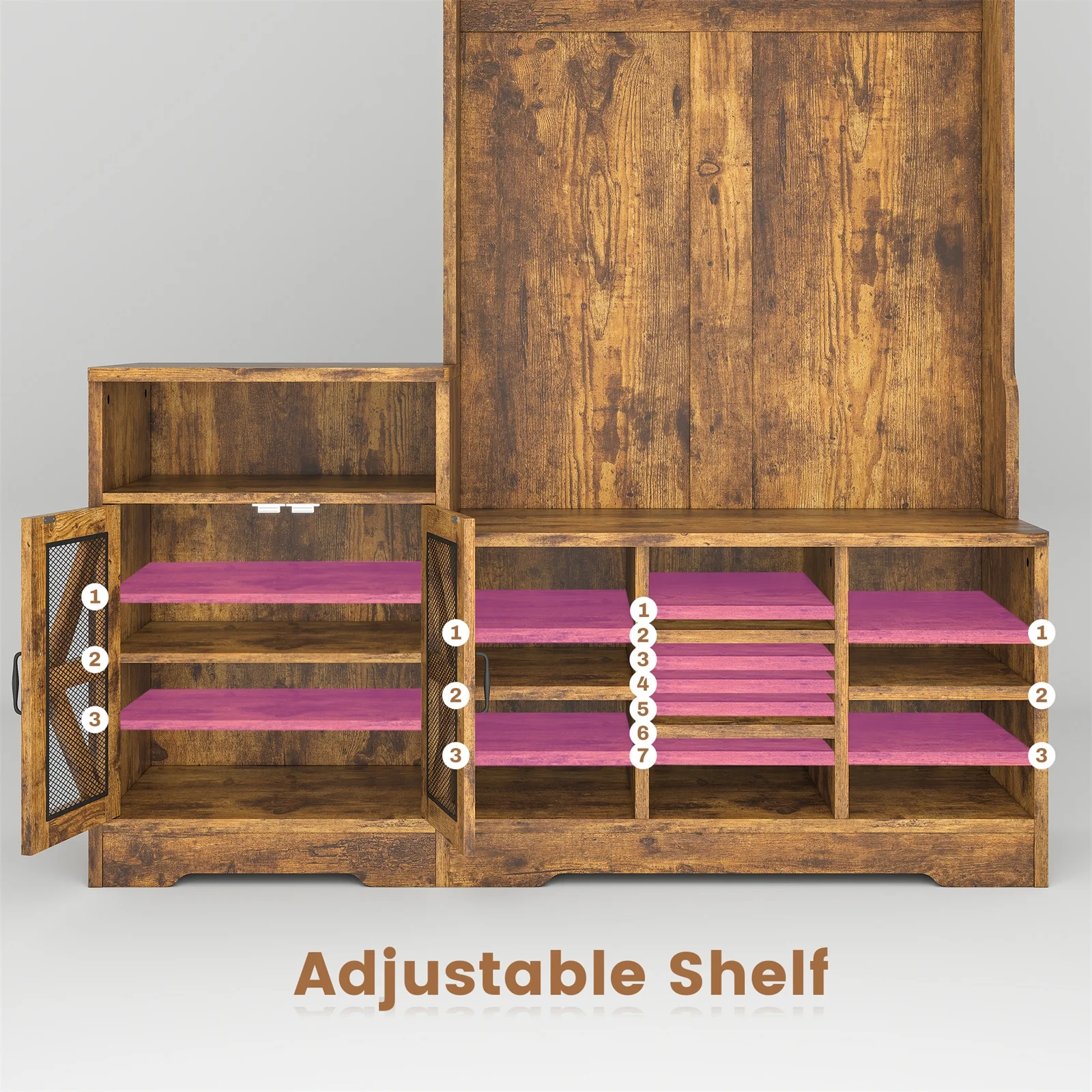 Farmhouse Wood Hall Tree with Shoe Bench and Console Table, LED 4-in-1 Coat Rack with 8 Hooks and 7 Adjustable Shoe Cubbies, Multifunctional Entryway Storage Organizer with Cabinet, Vintage White