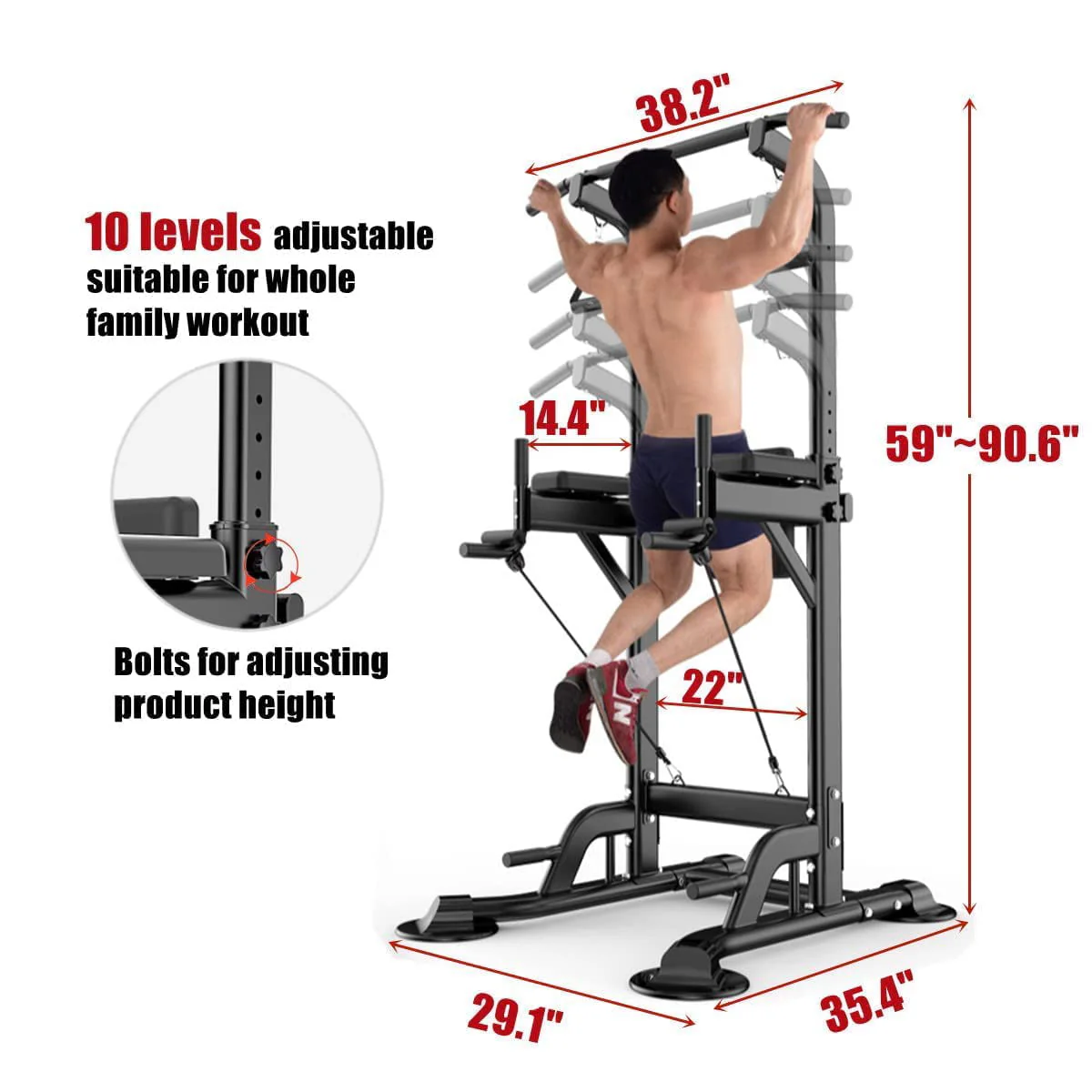 PROHIKER Power Tower Dip Station, Pull Up Bar Stand Power Rack with Backrest and Resistance Band, Height Adjustable Strength Training Equipment for Fitness Home Workout, Black