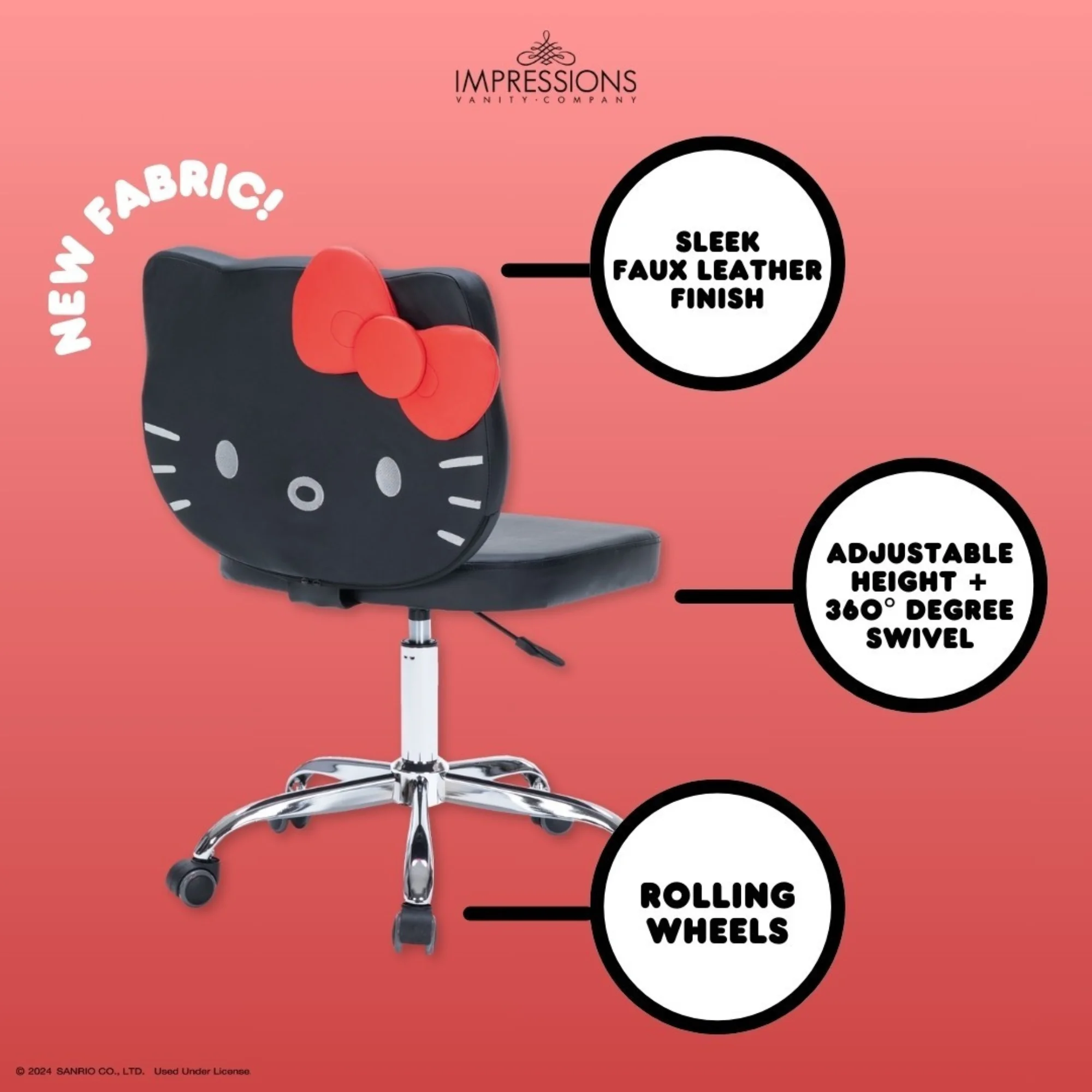 Impressions Vanity Hello Kitty Teddy Swivel Vanity Chair, Desk Chair with Adjustable Height (White)