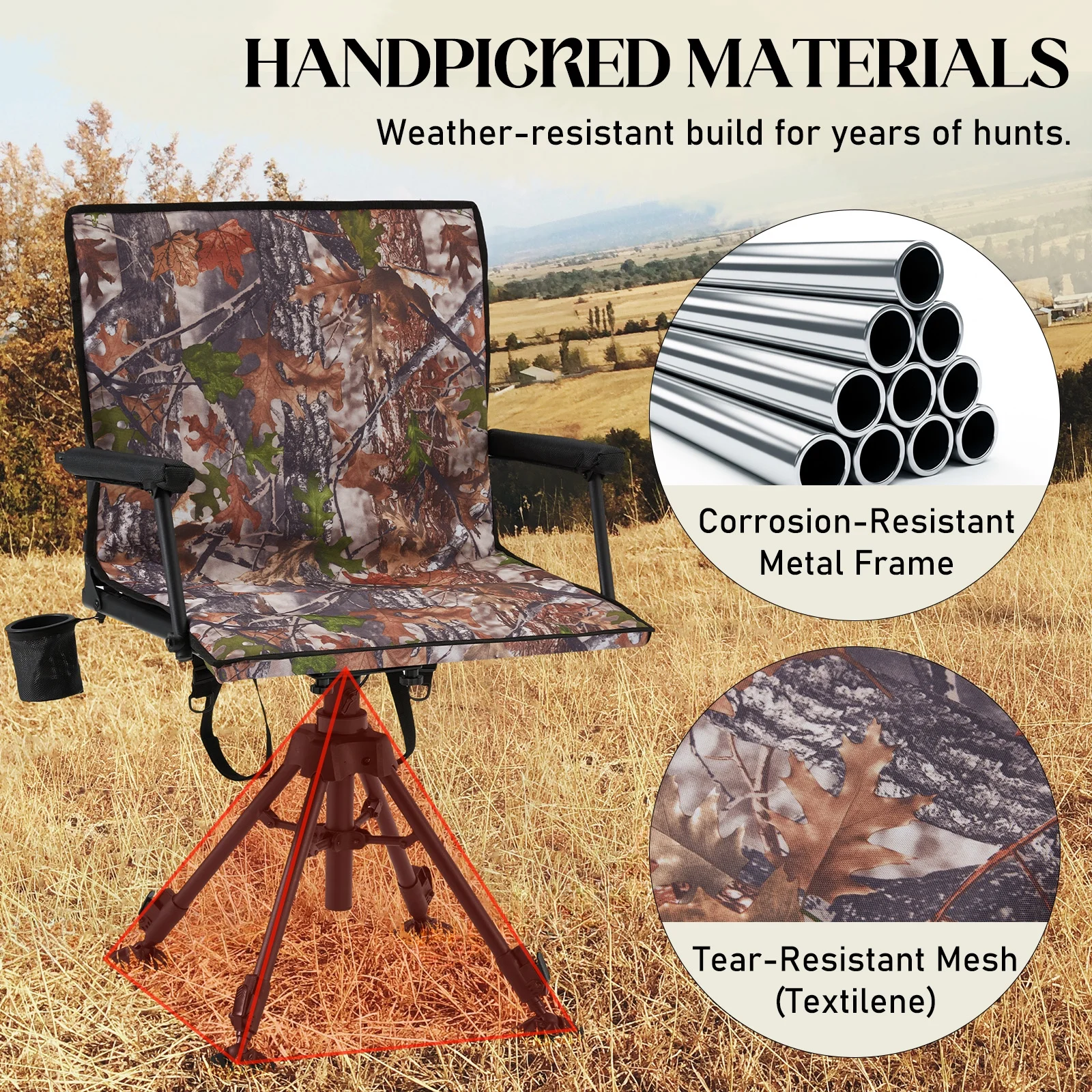 Danrelax 360° Silent Camo Hunting Blind Chair, Armrests, Side Pouch, Telescopic Legs