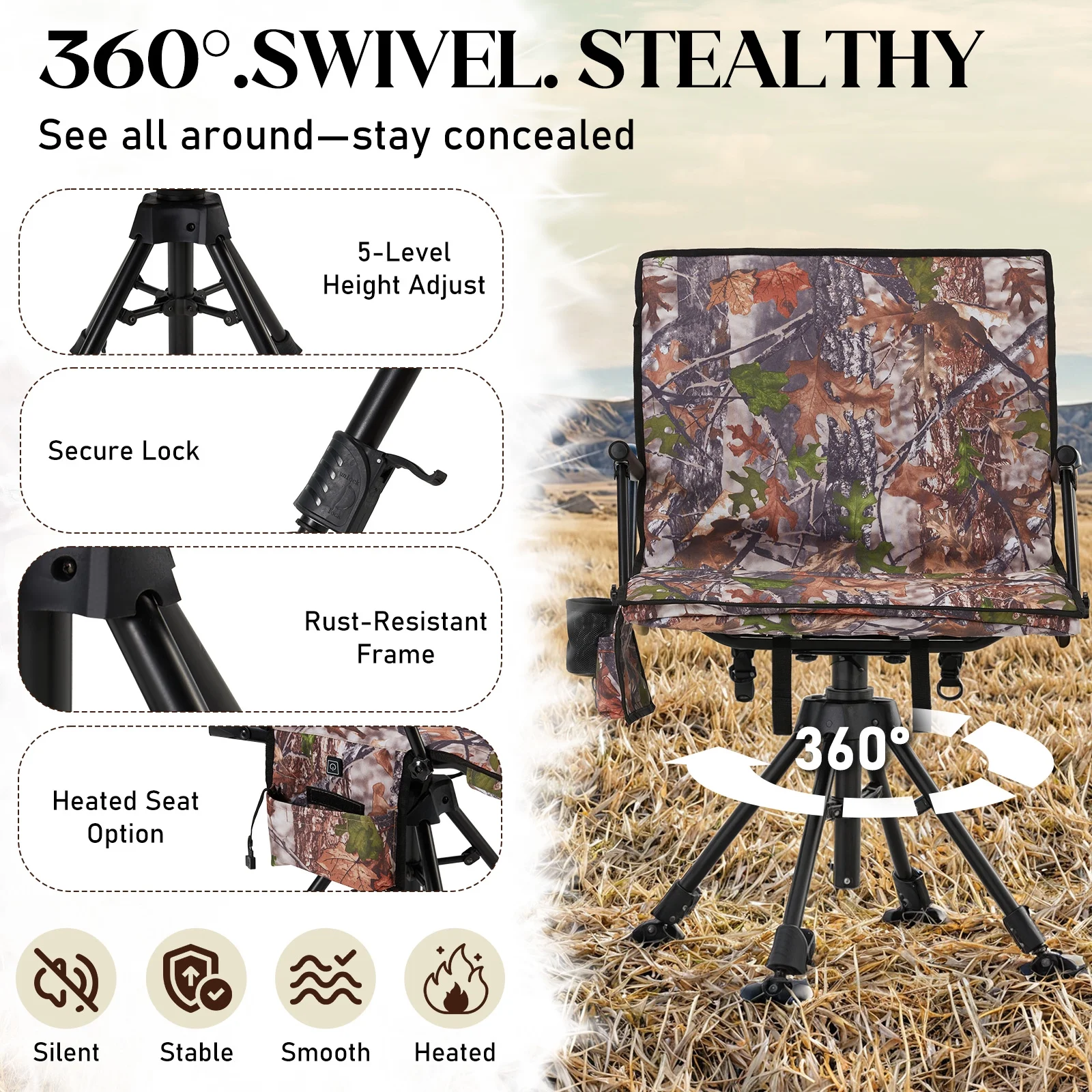 Danrelax 360° Silent Camo Hunting Blind Chair, Armrests, Side Pouch, Telescopic Legs
