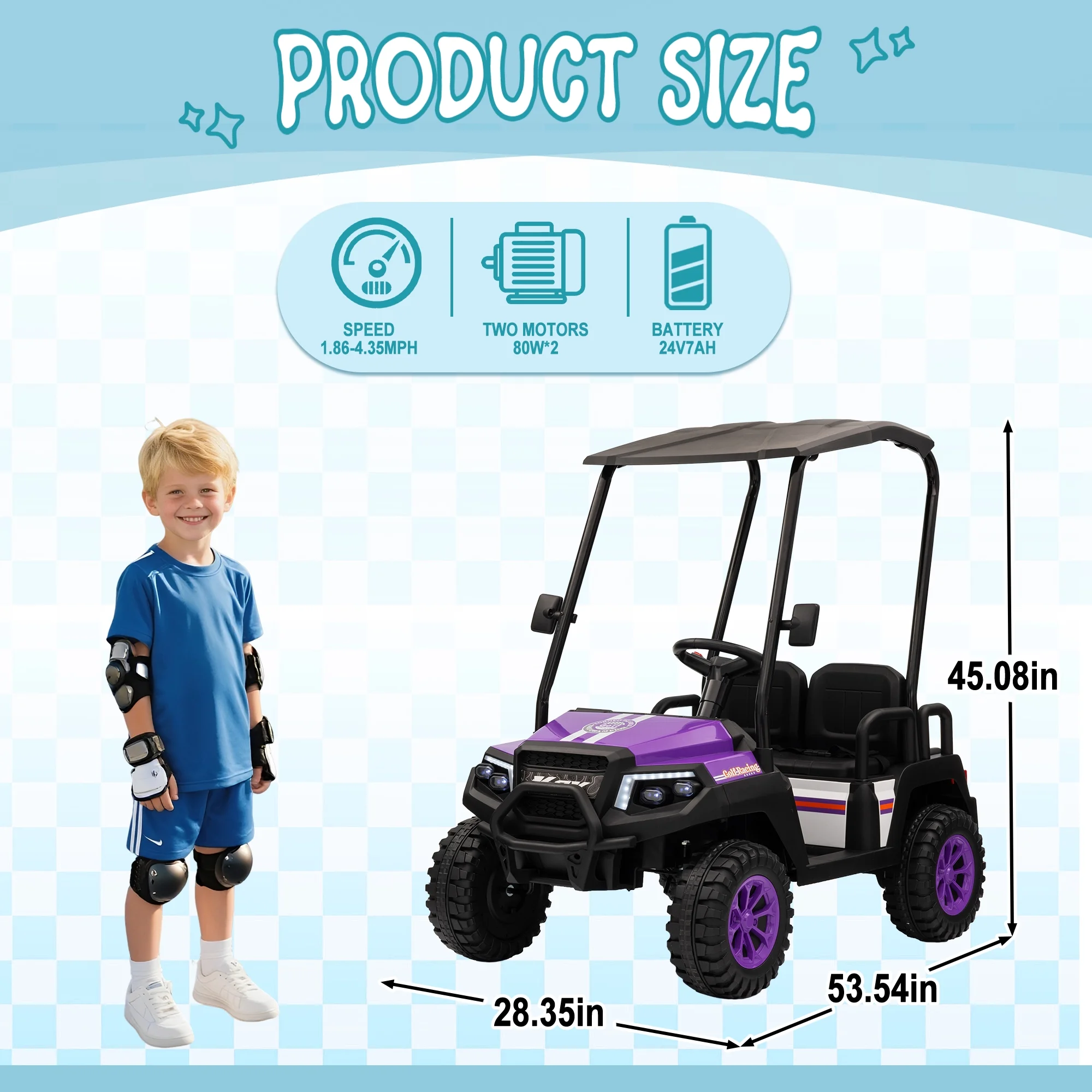 24V XL Kids Ride on Golf Cart, Electric Car w/Remote Control, Detachable Awning, 4 Seats, 3 Speeds, LED Lights, Spring Suspension, Bluetooth, Audio, Blue