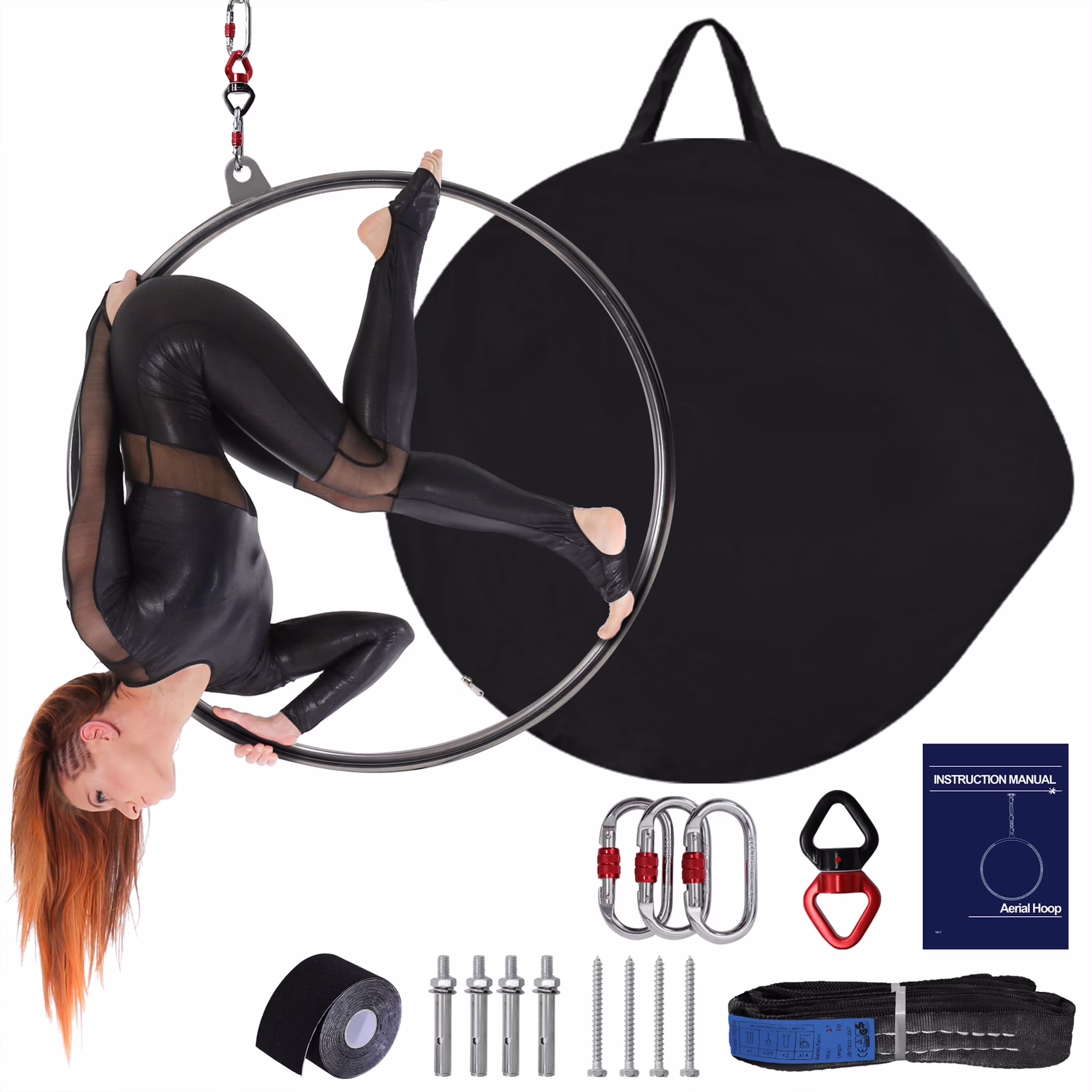 LOGYAT Aerial Hoop, Lyra Hoop 85CM, 1 Ceiling Anchor, 3 Locking Carabiners, Spanset, Grip Tape, 360 Swivel, Carry Bag, 32mm Thickness