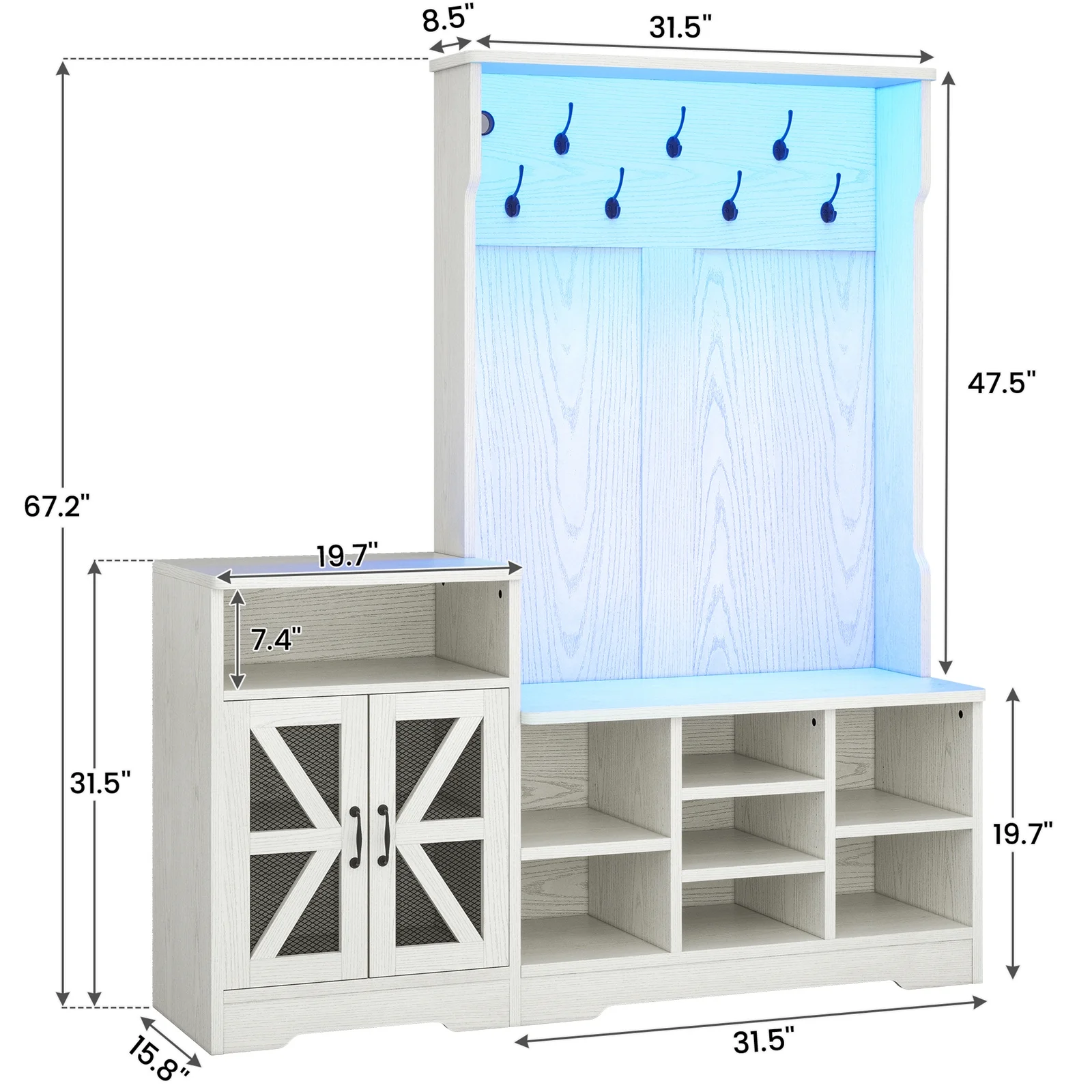 Farmhouse Wood Hall Tree with Shoe Bench and Console Table, LED 4-in-1 Coat Rack with 8 Hooks and 7 Adjustable Shoe Cubbies, Multifunctional Entryway Storage Organizer with Cabinet, Vintage White