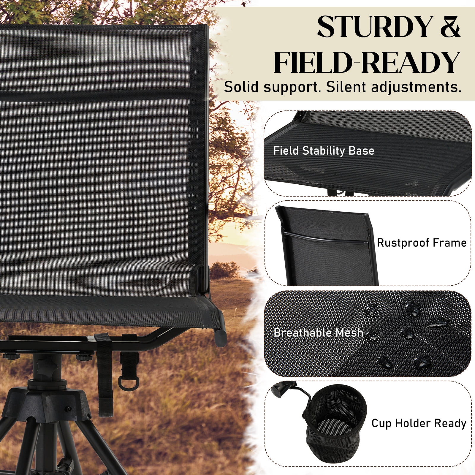 Danrelax 360° Silent Camo Hunting Blind Chair, Armrests, Side Pouch, Telescopic Legs