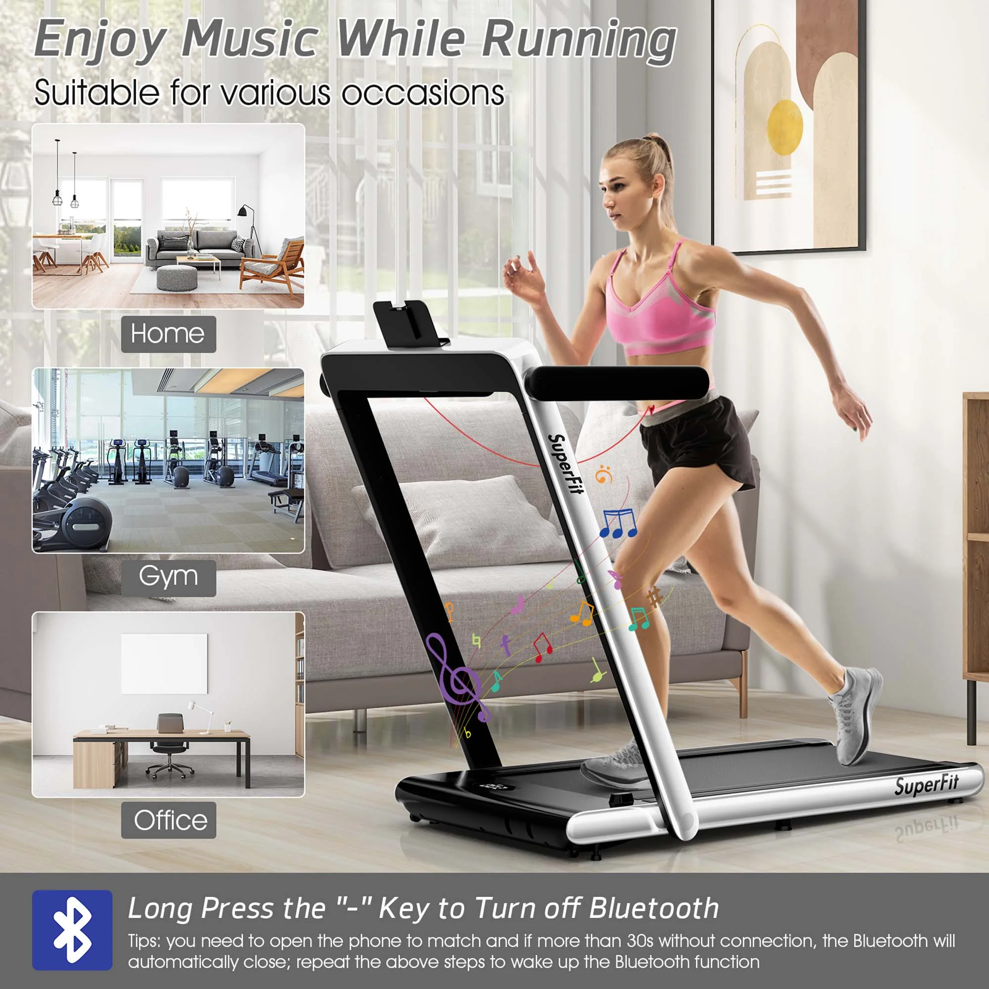 SuperFit Up To 7.5MPH 2.25HP 2 in 1 Dual Display Screen Treadmill Jogging Machine W/APP Control Silver