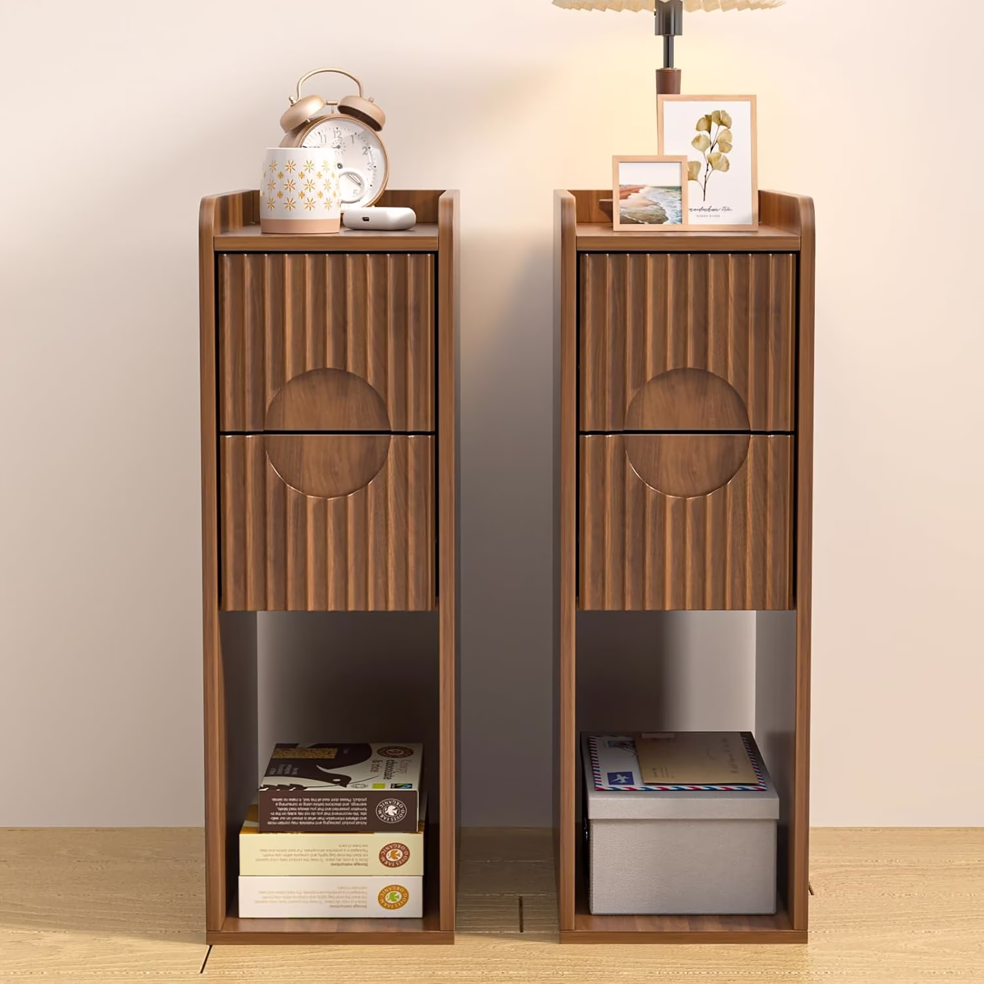 Narrow Nightstand Set of 2 with Drawers, Fluted Slim Side End Table with Storage for Small Spaces