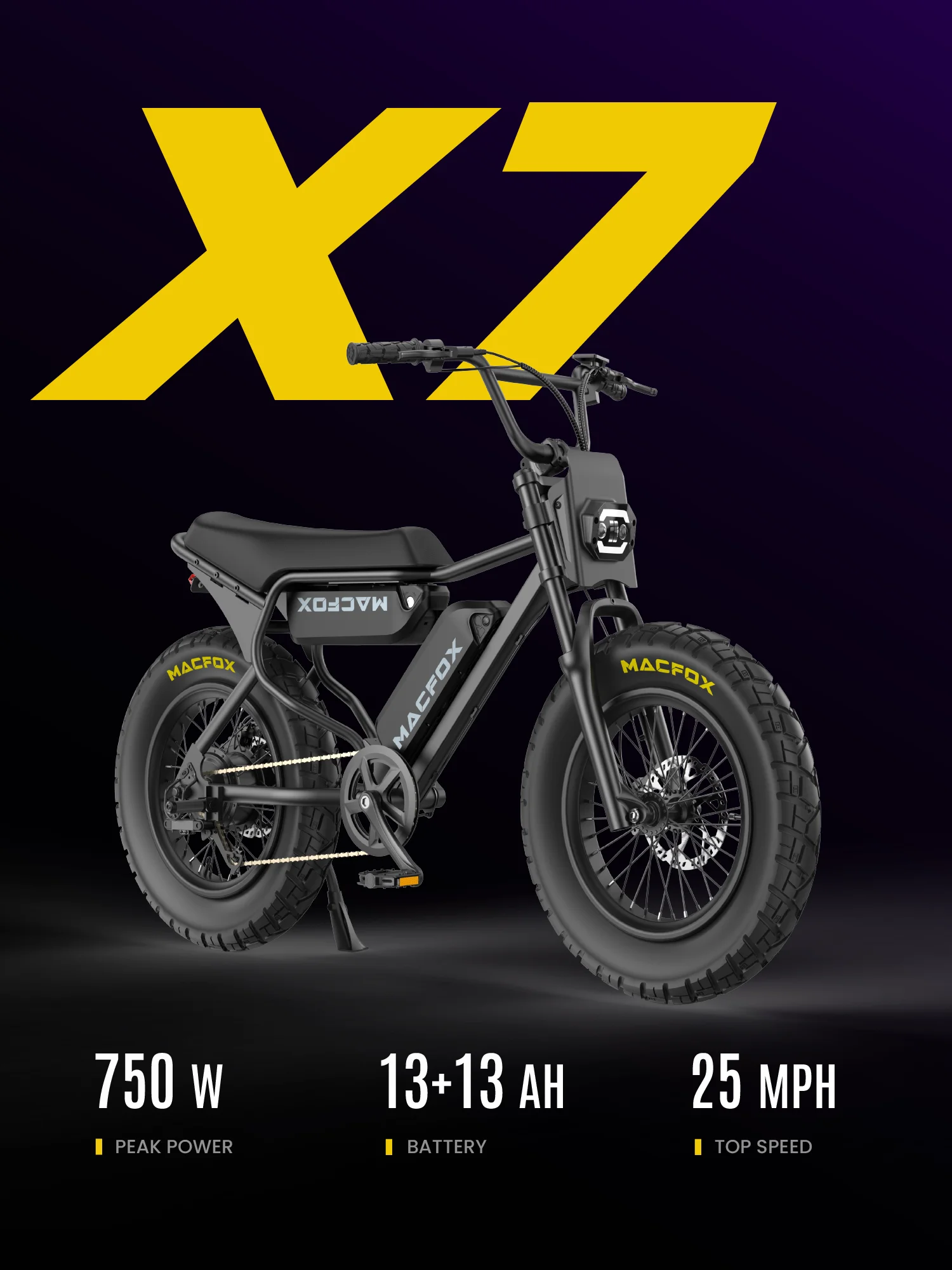 MACFOX X7 Adult Electric Bike, 750W E-Bike, 25 MPH, 48V 13Ah removable battery, 35-mile range, hydraulic brakes, upgraded 20x5.0 wide rear tire.