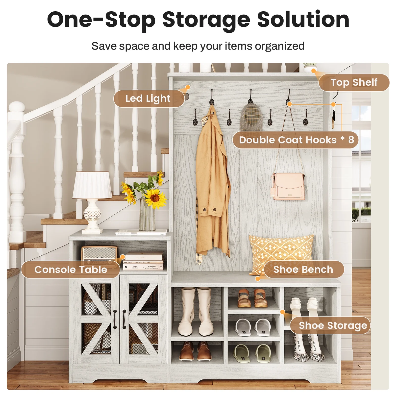 Farmhouse Wood Hall Tree with Shoe Bench and Console Table, LED 4-in-1 Coat Rack with 8 Hooks and 7 Adjustable Shoe Cubbies, Multifunctional Entryway Storage Organizer with Cabinet, Vintage White