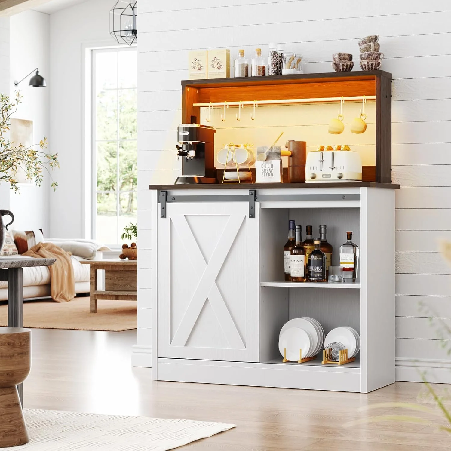 Homieasy Farmhouse Coffee Bar Cabinet with Charging Station, LED Lighting, Adjustable Shelves & Rustic Sliding Barn Door Design for Kitchen, Dining, or Living Room, Black Oak