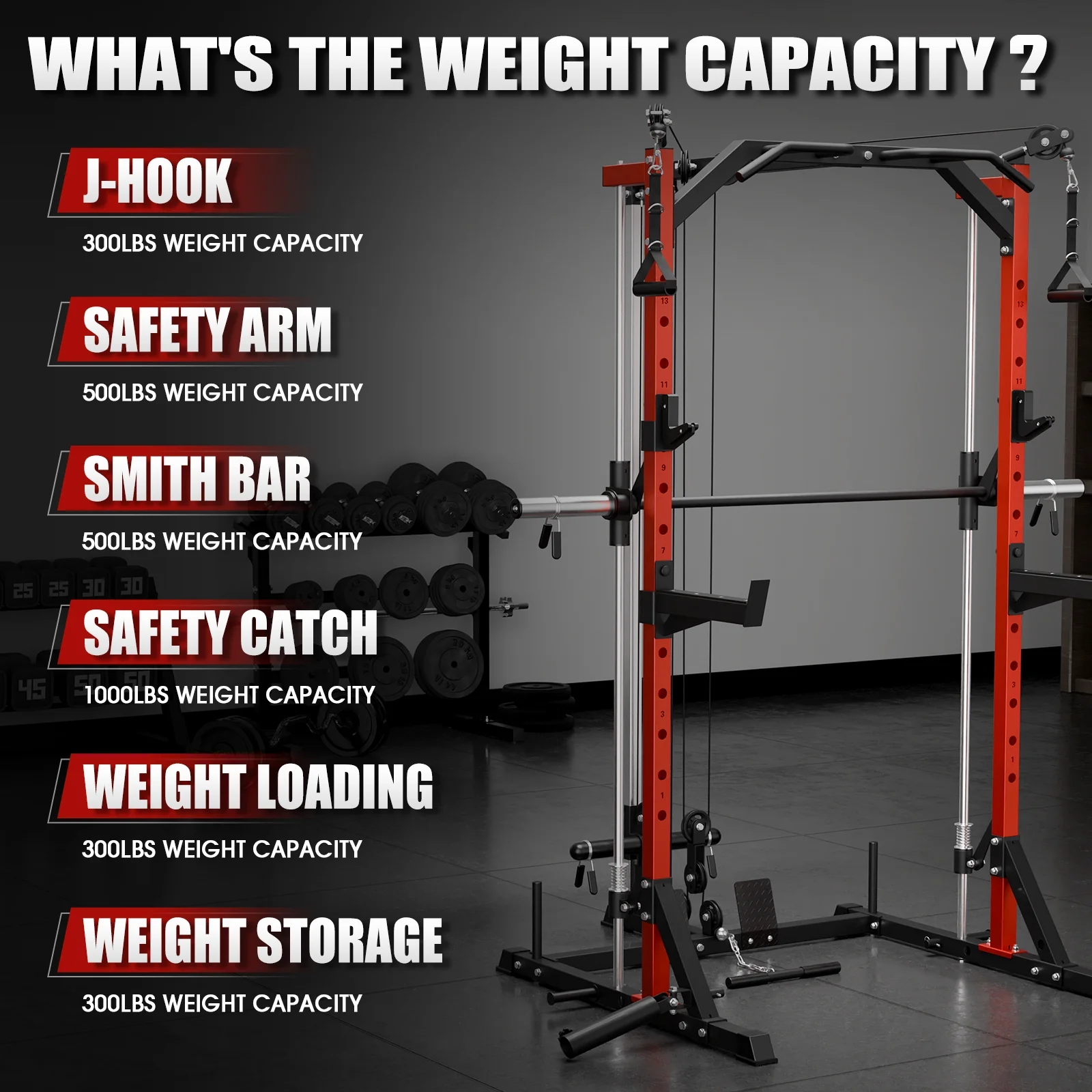 Mikolo Compact 7-IN-1 Smith Machine With Cable Crossover System, 1000LBS Multi-Functional Squat Rack, Workout Station with Weight Bar, Bend Peg and Other Functional Attachments