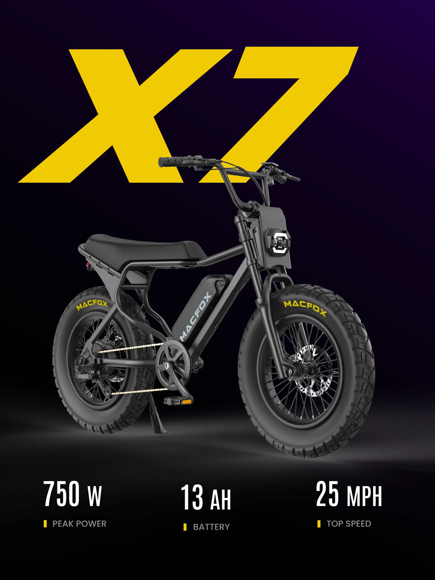 MACFOX X7 Adult Electric Bike, 750W E-Bike, 25 MPH, 48V 13Ah removable battery, 35-mile range, hydraulic brakes, upgraded 20x5.0 wide rear tire.