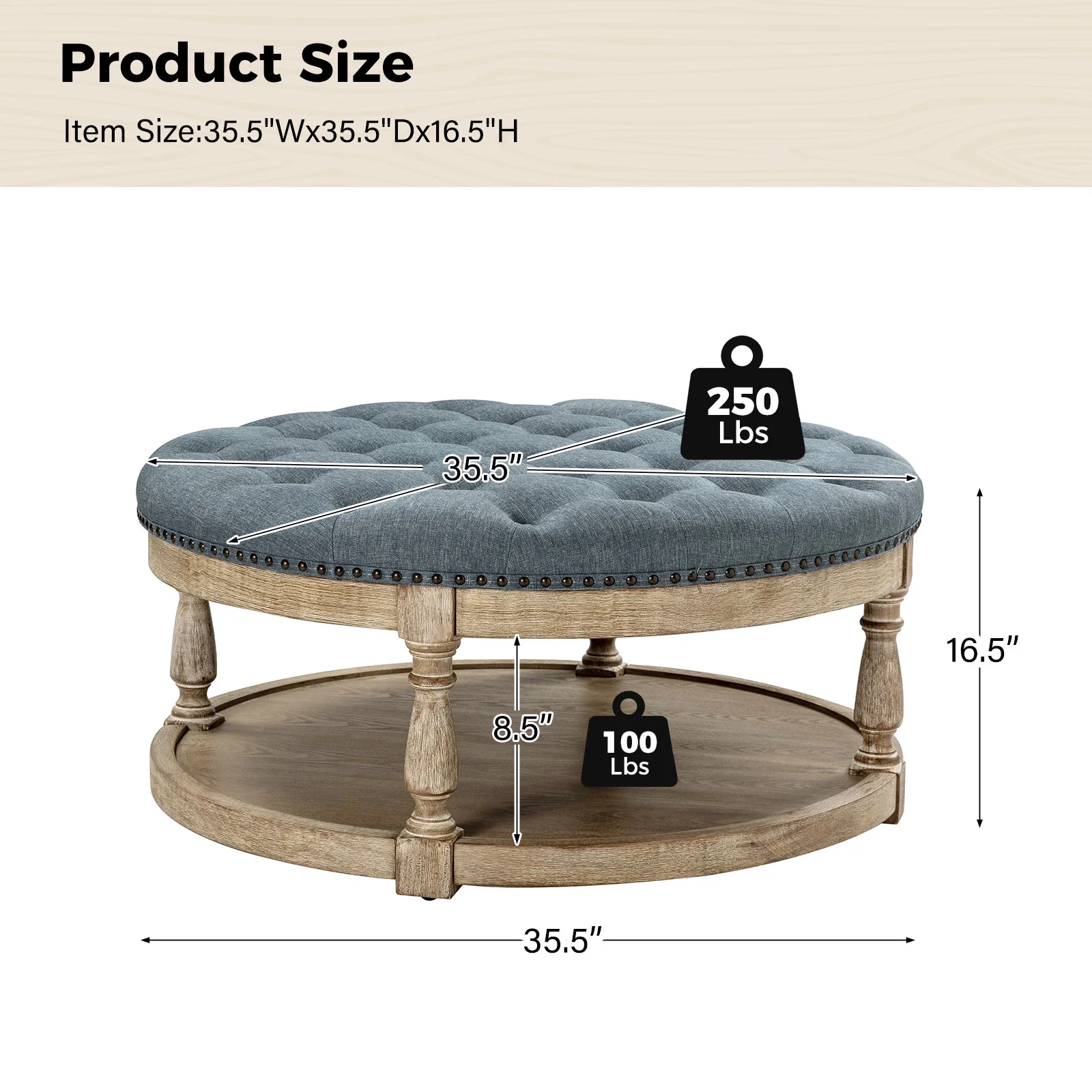 36'' Wide Blue Round Large Ottoman Tufted Coffee Table with Storage Wood Legs Home Living Room