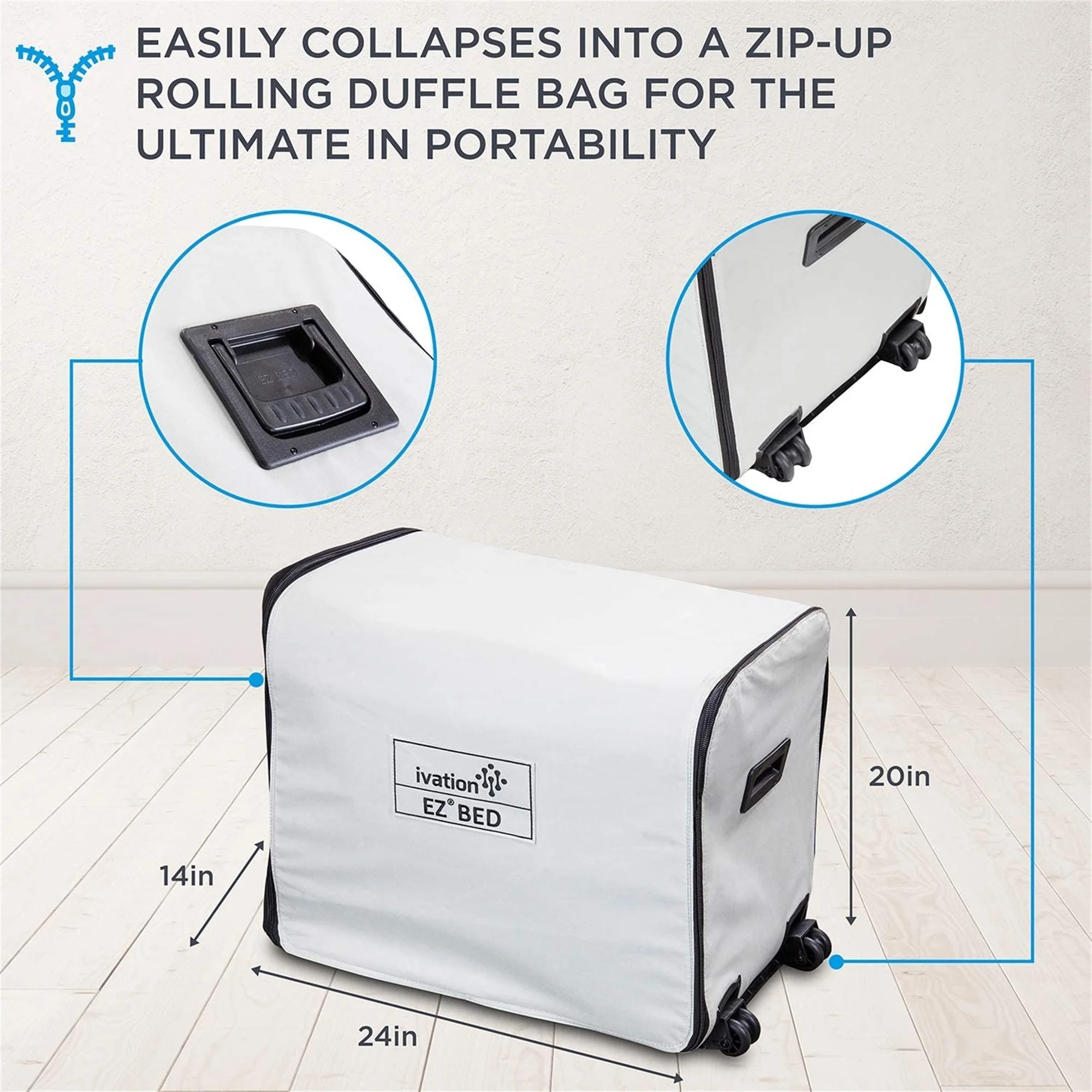 Ivation EZ-Bed (Twin) Air Mattress with Frame & Rolling Case, Self Inflatable, Blow Up Bed Auto Shut-Off, Comfortable Surface AirBed, Best for Guest, Travel, Vacation, Camping