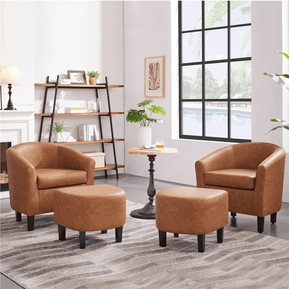 Easyfashion Barrel Accent Chair with Ottoman, Brown Faux Leather