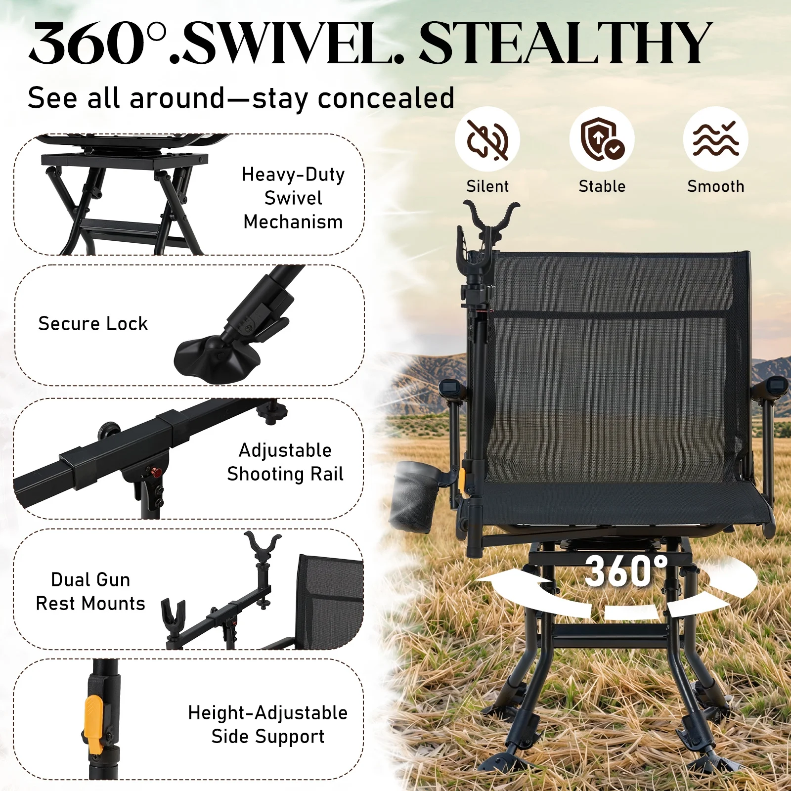 Danrelax 360° Silent Camo Hunting Blind Chair, Armrests, Side Pouch, Telescopic Legs