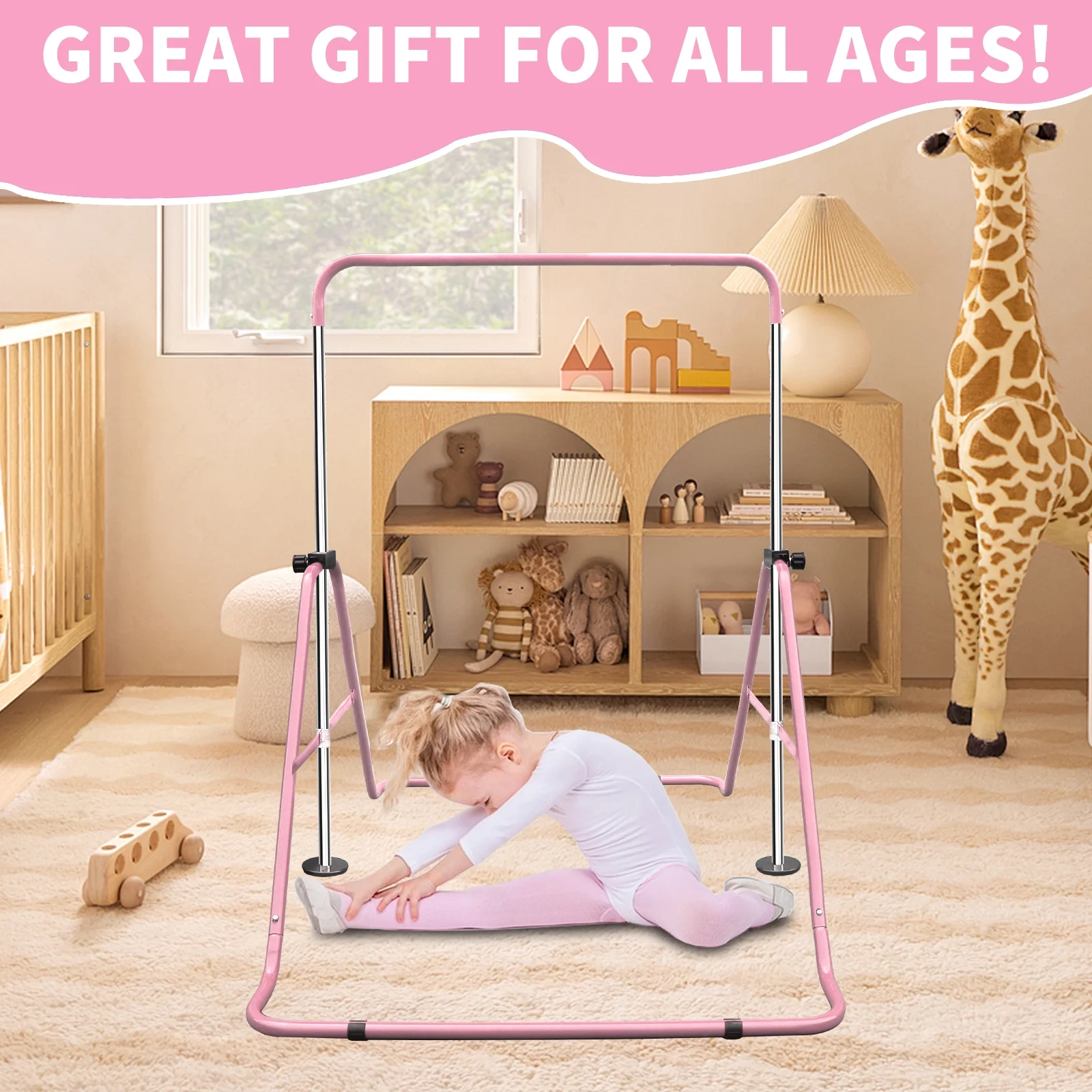 Expandable Gymnastics Bar for Kids - Height Adjustable Junior Training Bar for Home, Folding Gymnastic Horizontal Bars Equipment Pink