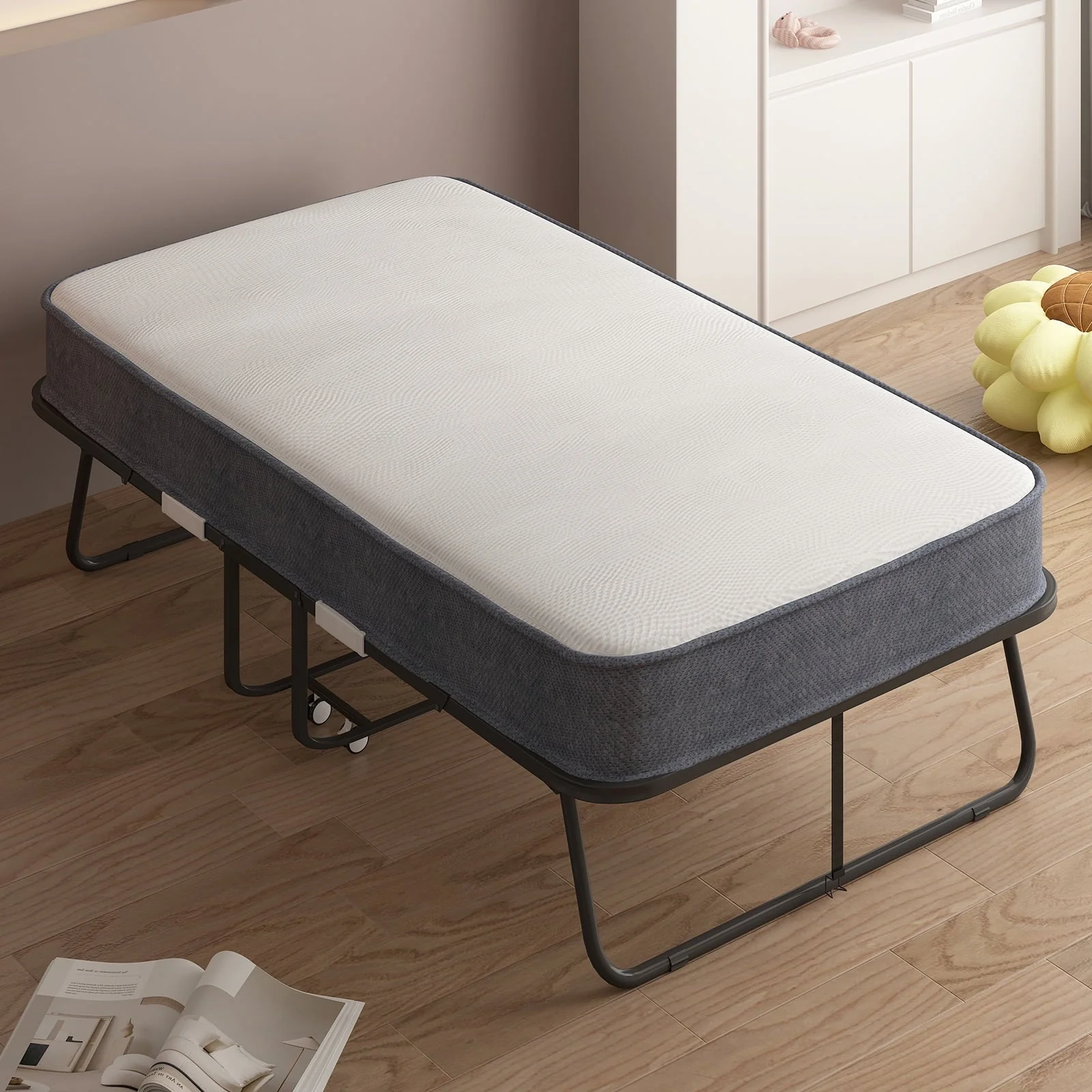 BALUS Folding Bed with Mattress for Adults, Foldable Bed with 4''Memory Foam Mattress, Portable Rollaway Guest Bed with Dustproof Bag & Baffle, Fold up Bed with Metal Frame Space Saving (Standard)