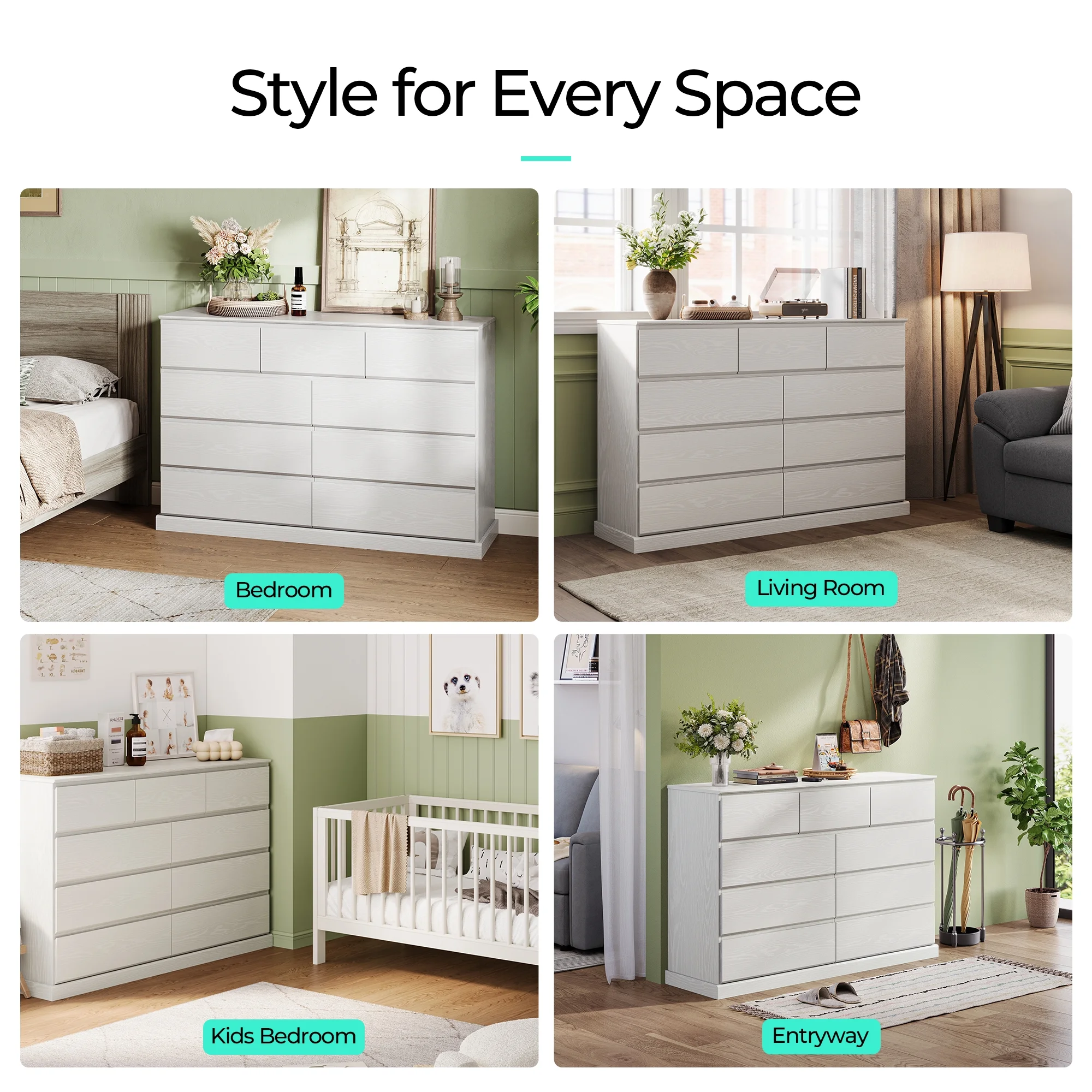 Linsy Home Modern Wood Dressers for Bedroom, Wide Chest of 9 Drawers, White