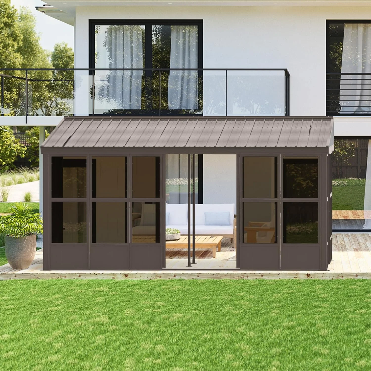 Domi Outdoor Living 10' x 12' Hardtop Lean-to Gazebo, Wall-Mounted with Galvanized Steel Roof Wall Pergola with Aluminum Frame, Curtains and Netting, for Patio, Deck, Garden, Backyard