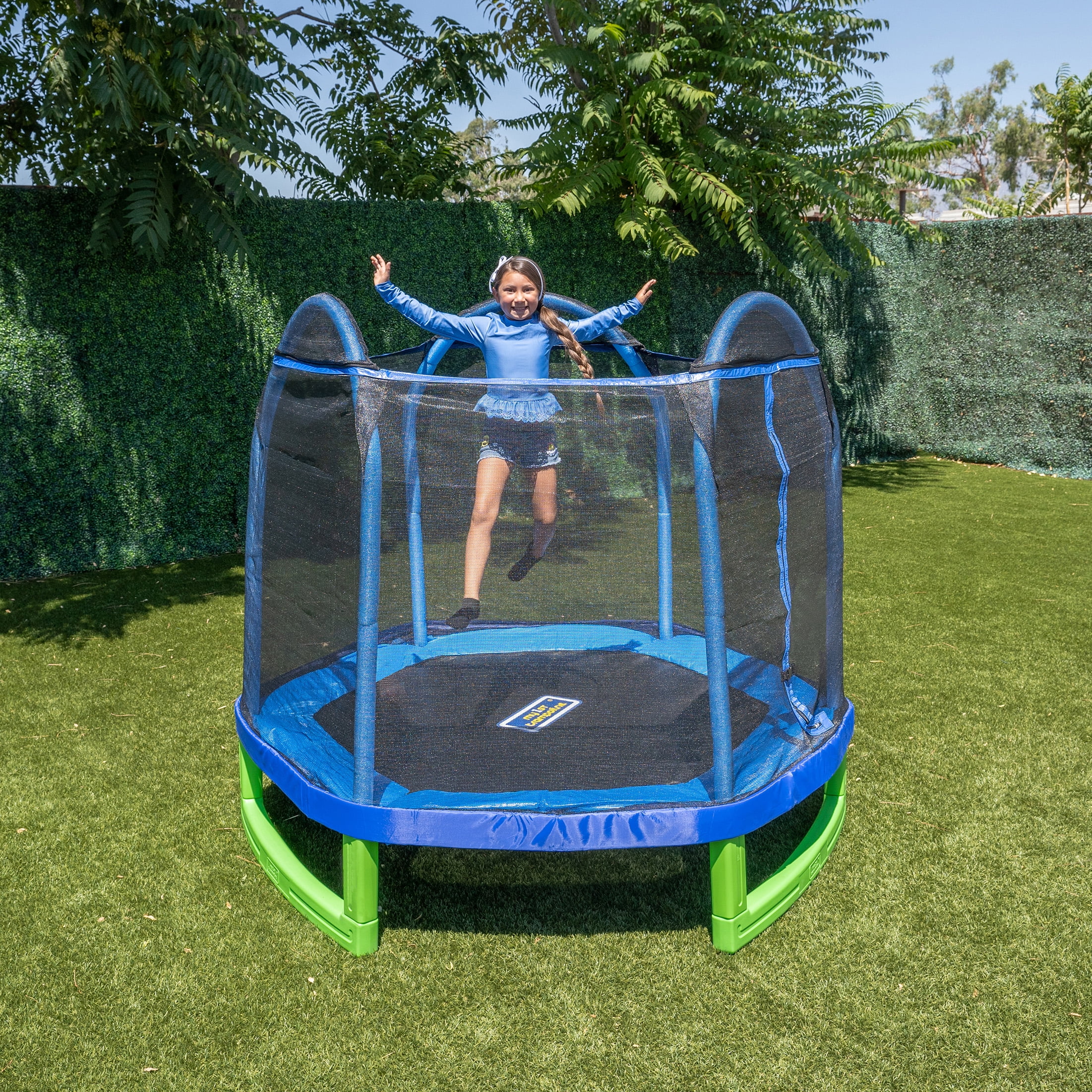 Sportspower 7' My 1st Trampoline for Kids 3-10 with Safety Enclosure Blue and Green