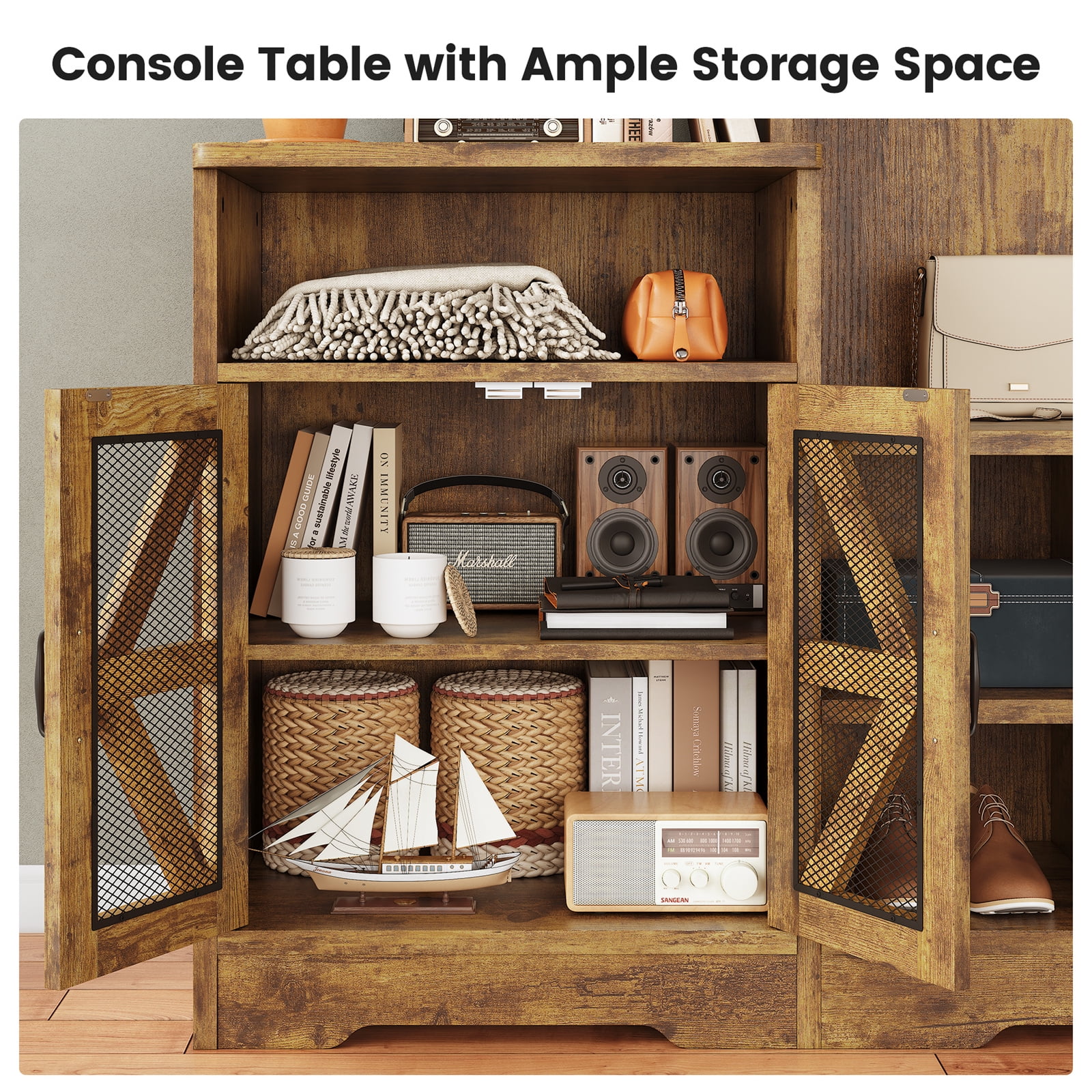 Farmhouse Wood Hall Tree with Shoe Bench and Console Table, LED 4-in-1 Coat Rack with 8 Hooks and 7 Adjustable Shoe Cubbies, Multifunctional Entryway Storage Organizer with Cabinet, Vintage White