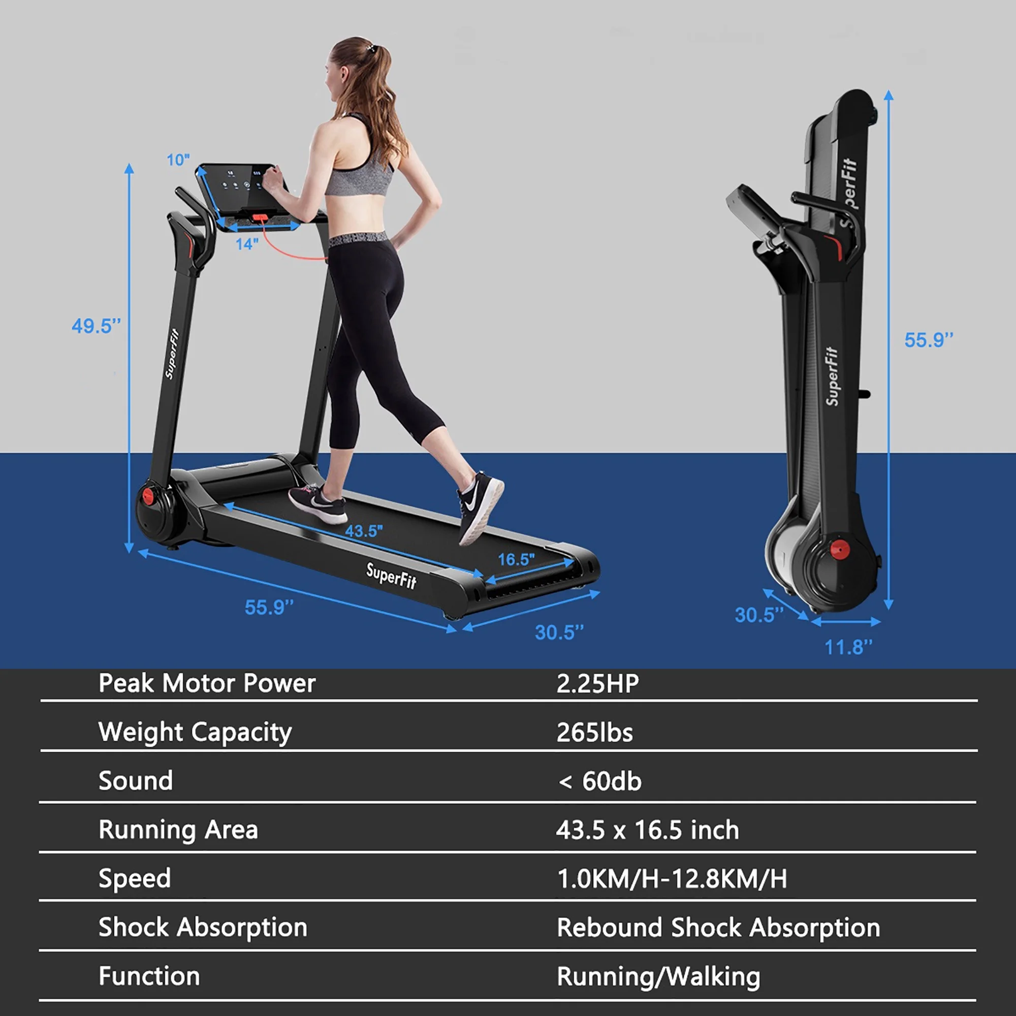 SuperFit 2.25HP Folding Electric Motorized Treadmill With Speaker