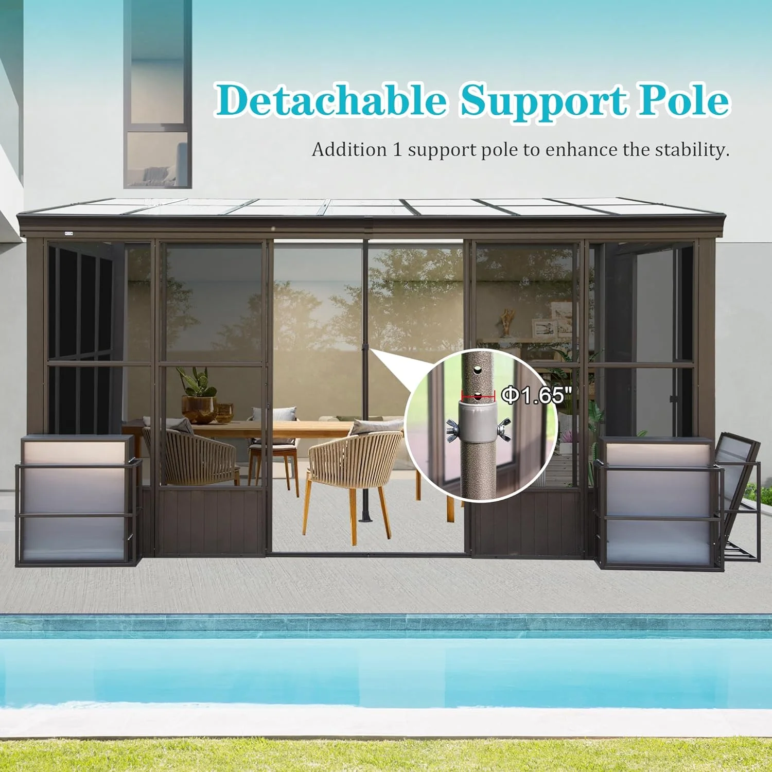 Domi Outdoor Living 10' x 12' Hardtop Lean-to Gazebo, Wall-Mounted with Galvanized Steel Roof Wall Pergola with Aluminum Frame, Curtains and Netting, for Patio, Deck, Garden, Backyard