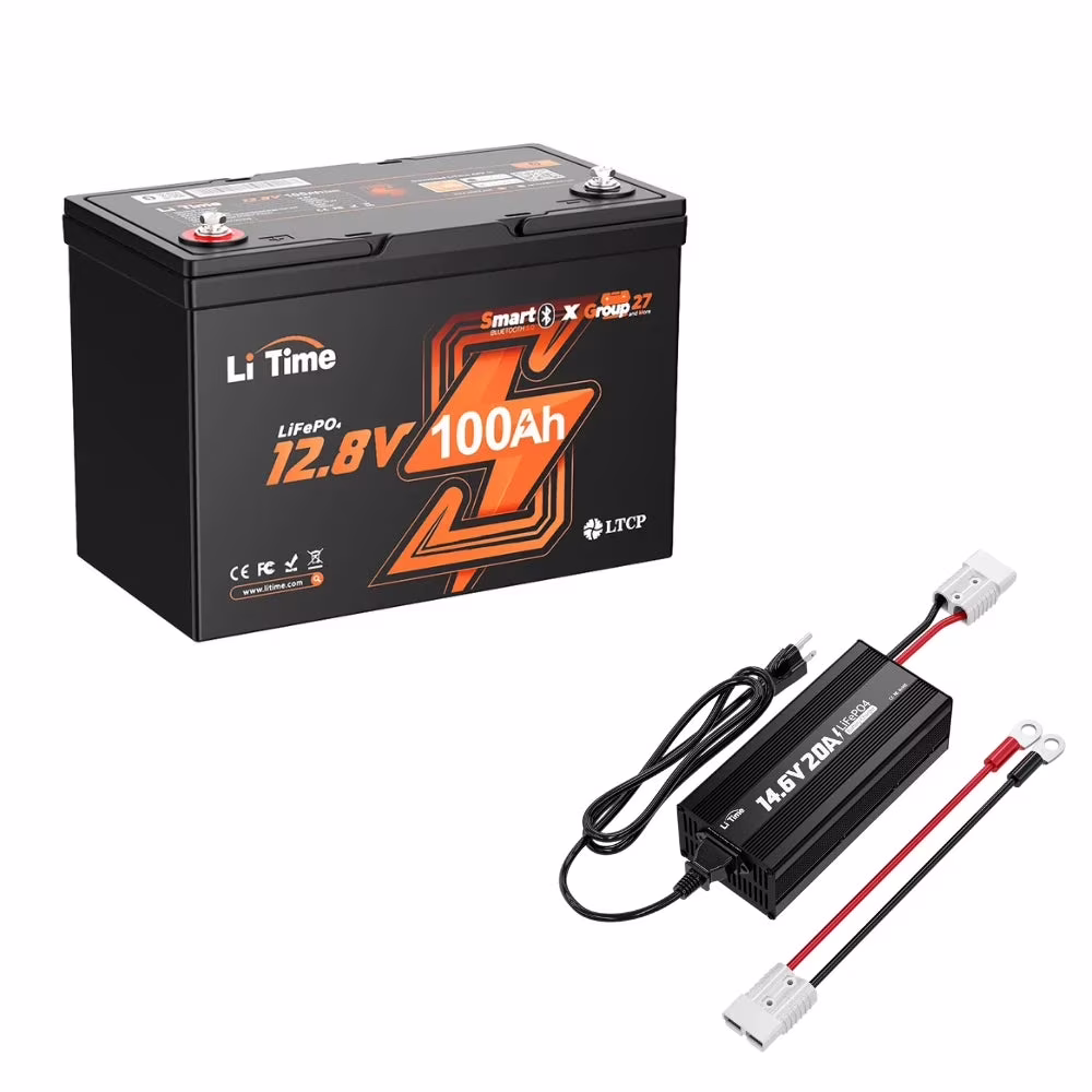 LiTime 12V 100Ah Group 27 Bluetooth LiFePO4 Battery with 14.6V 20A Charger 100A BMS for RV, Solar System, Trolling Motors