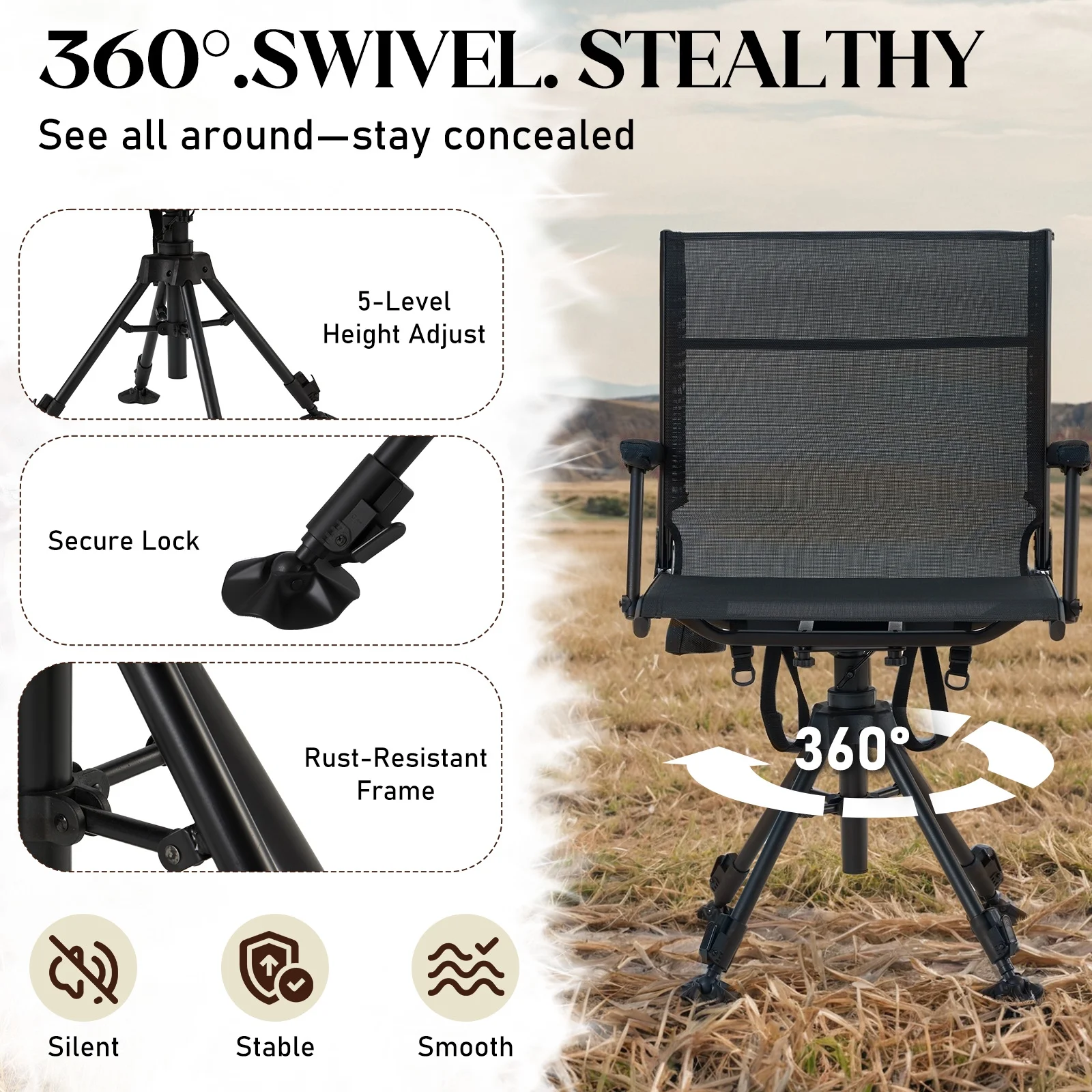 Danrelax 360° Silent Camo Hunting Blind Chair, Armrests, Side Pouch, Telescopic Legs