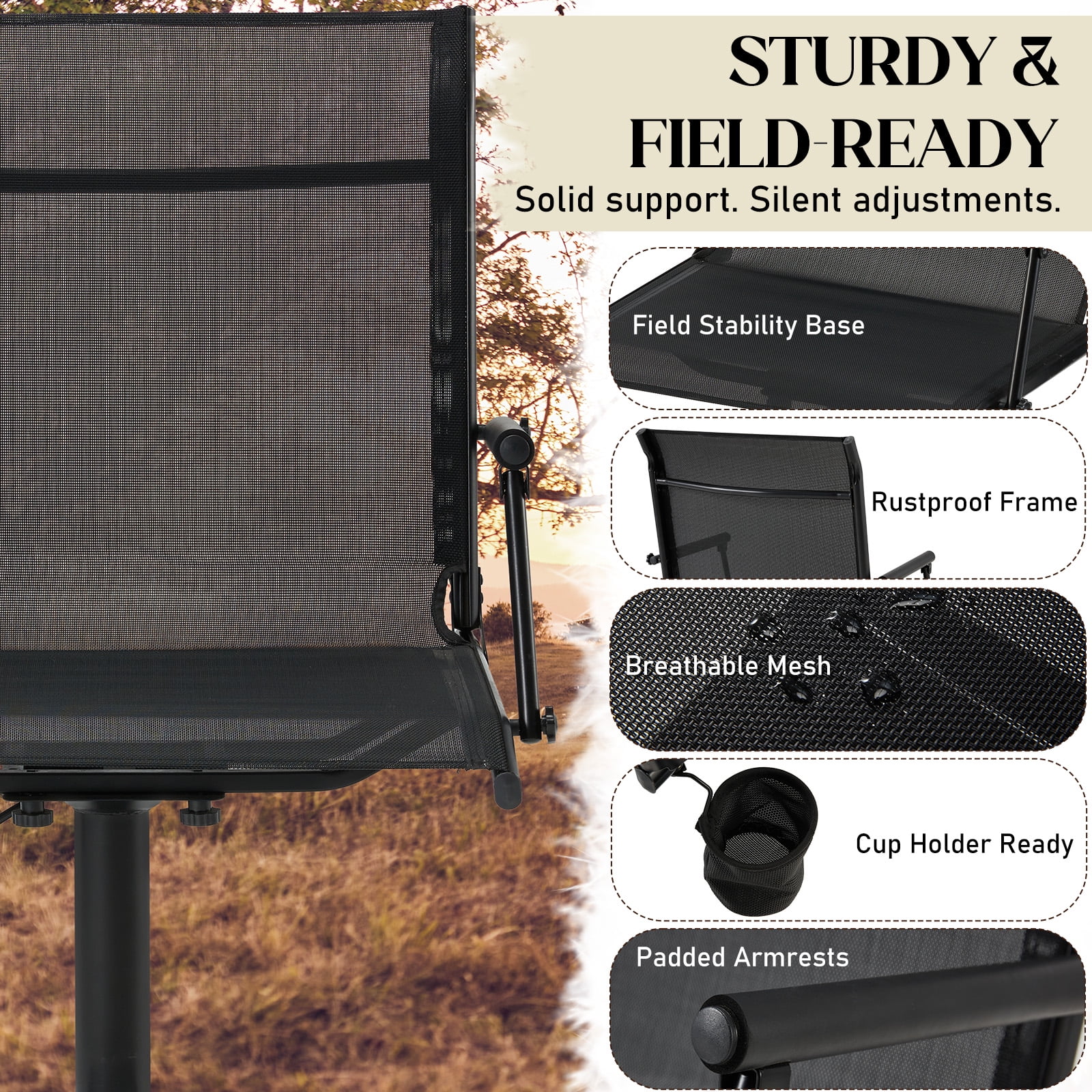 Danrelax 360° Silent Camo Hunting Blind Chair, Armrests, Side Pouch, Telescopic Legs