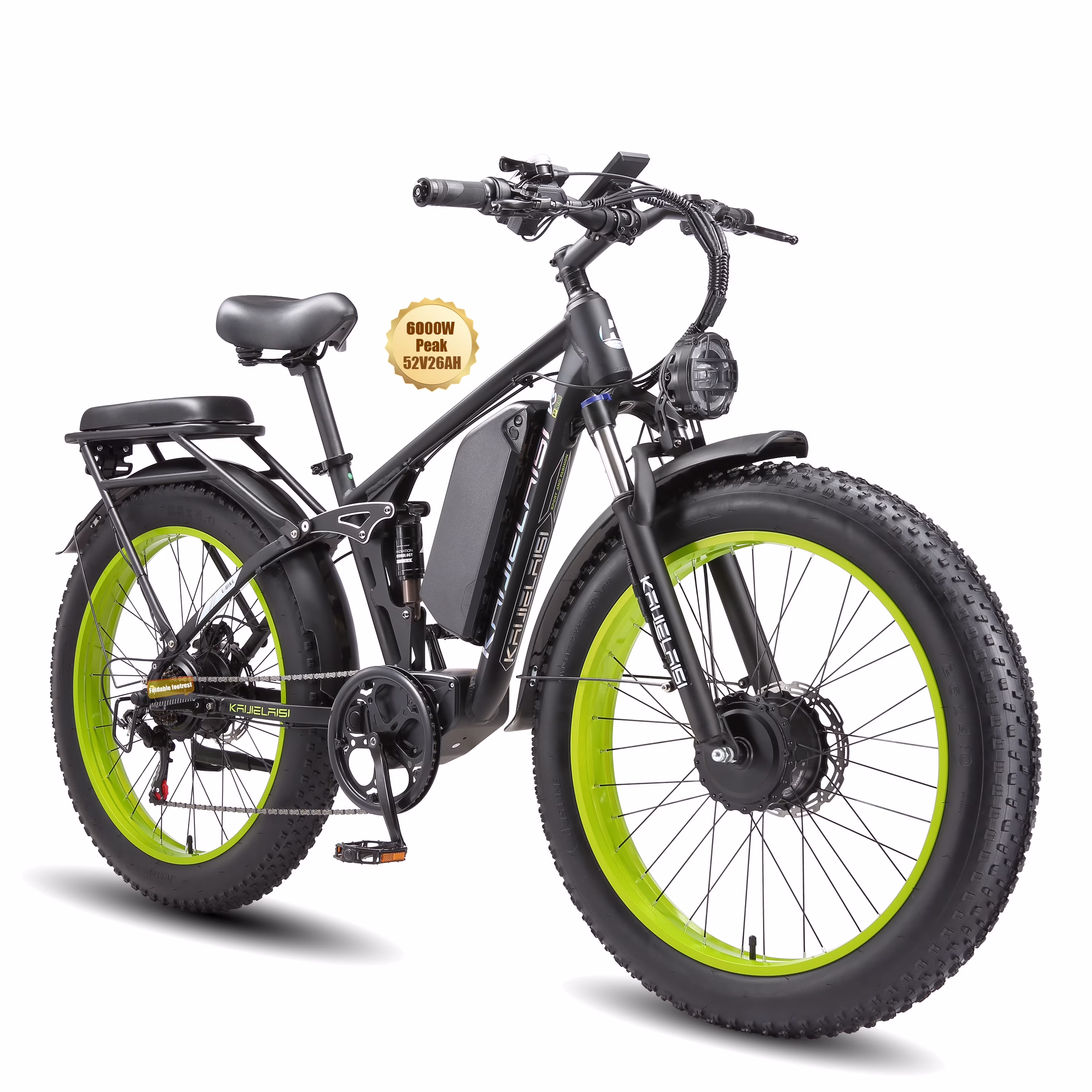 KAIJIELAISI Electric Bike for Adults,AWD Ebikes Dual Motor Peak 6000W, 26'' Fat Tire bikes with 52V 26AH Battery Hydraulic Brake ​​Electric Bicycle, 7 Speed Mountain EBike UL 2849.