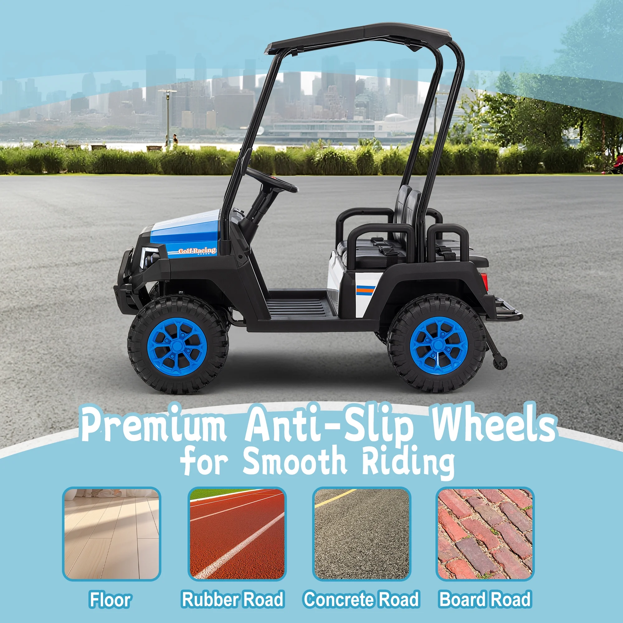 24V XL Kids Ride on Golf Cart, Electric Car w/Remote Control, Detachable Awning, 4 Seats, 3 Speeds, LED Lights, Spring Suspension, Bluetooth, Audio, Blue