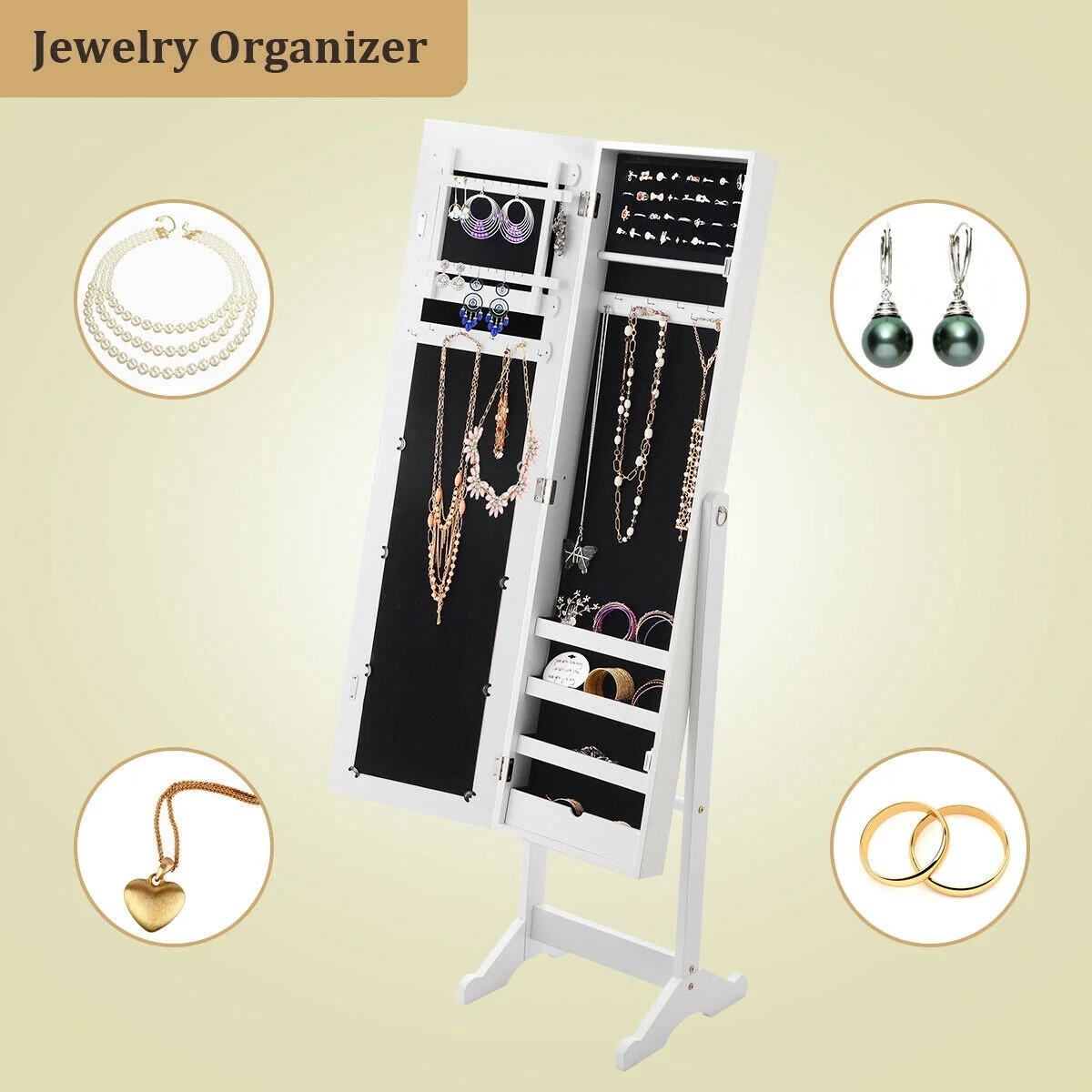 Costway Jewelry Mirrored Cabinet Armoire Organizer Storage Box w/ Stand Christmas Gift