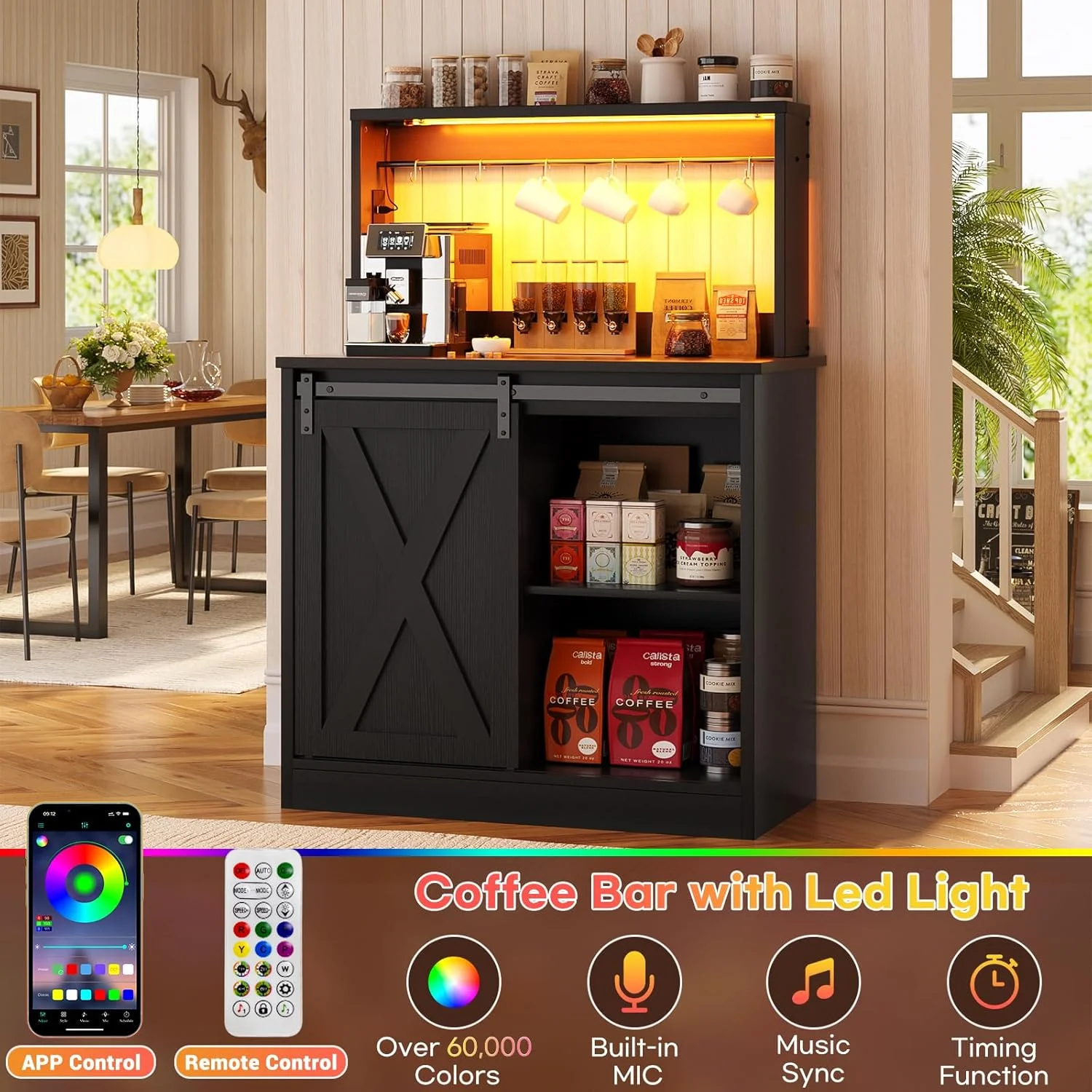 Homieasy Farmhouse Coffee Bar Cabinet with Charging Station, LED Lighting, Adjustable Shelves & Rustic Sliding Barn Door Design for Kitchen, Dining, or Living Room, Black Oak