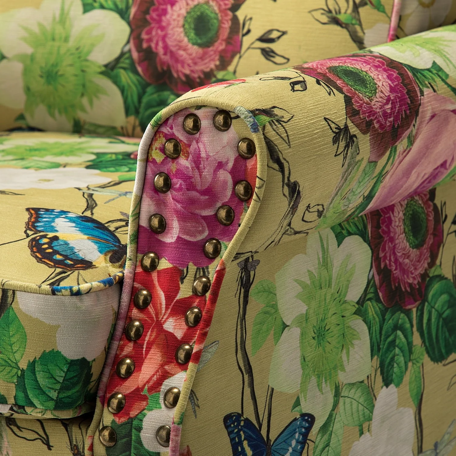 14 Karat Home Wingback Accent Chair Removable Cushion Floral Upholstered Sofa Armchair Couch Wood Legs Nailhead Trim Mustard