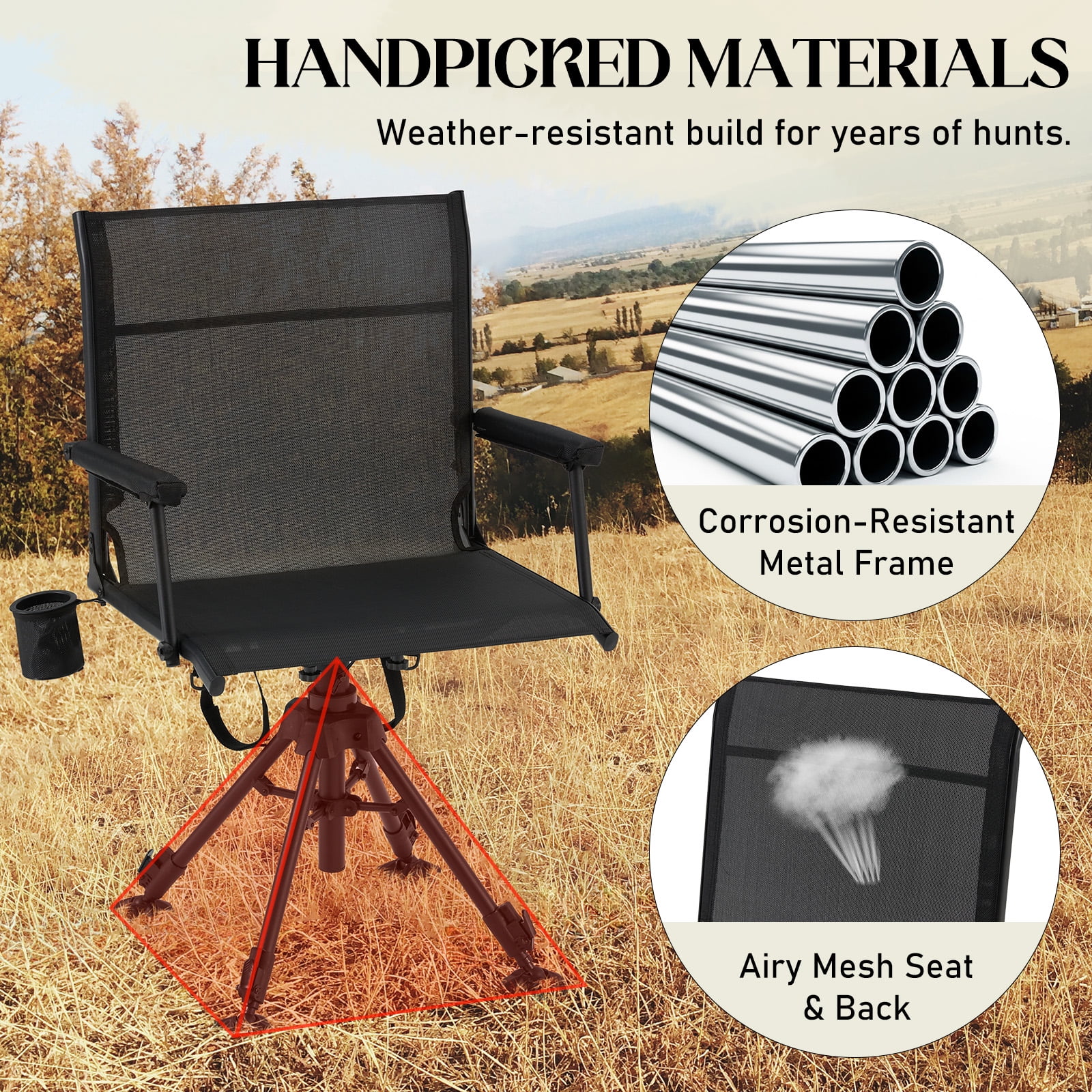 Danrelax 360° Silent Camo Hunting Blind Chair, Armrests, Side Pouch, Telescopic Legs