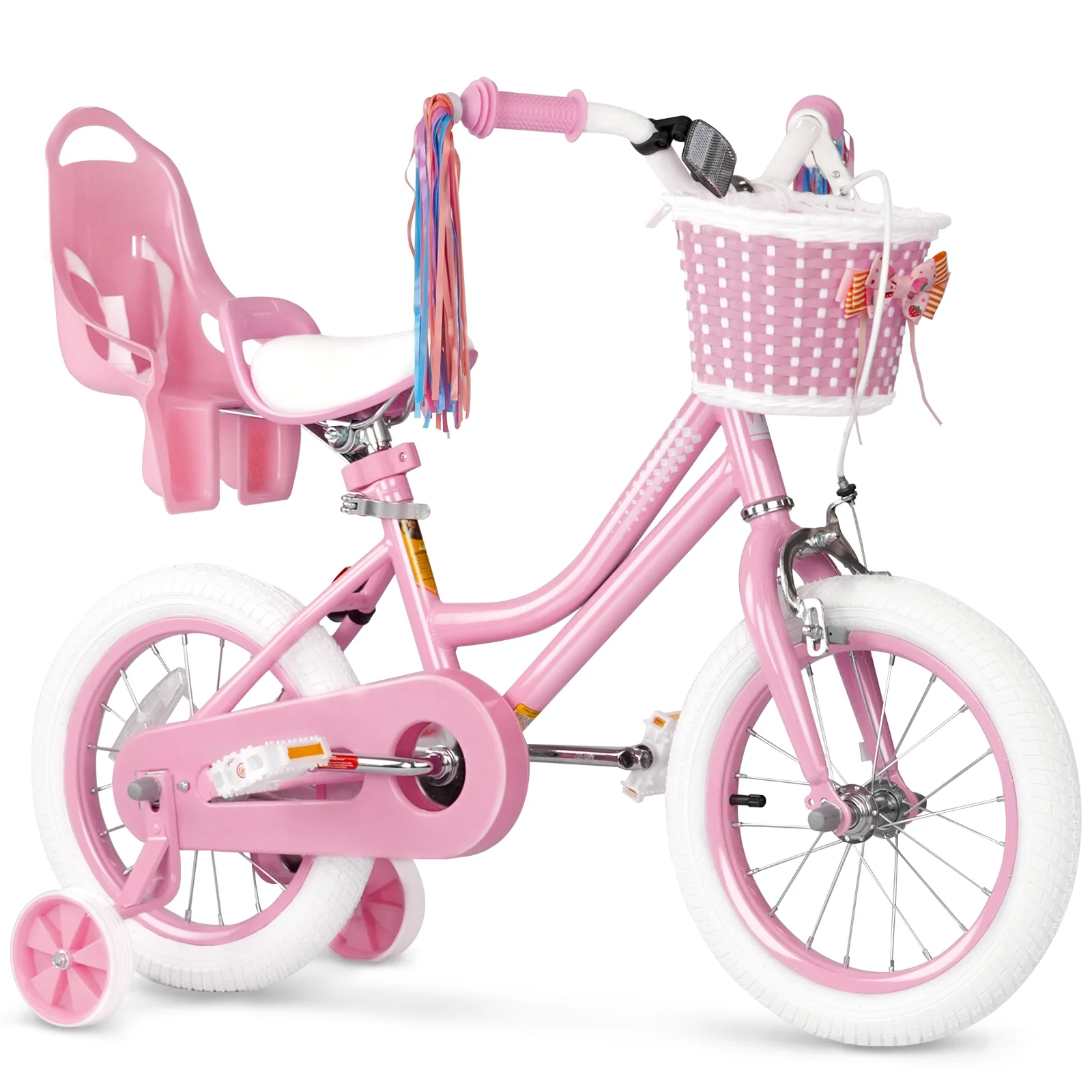 XJD Girls Bike for Toddlers 3-9 Years Old Kids, 14 Inch Kids Bike with Training Wheels, Streamers, Basket and Doll Seat, Children Bicycles with Handbrake