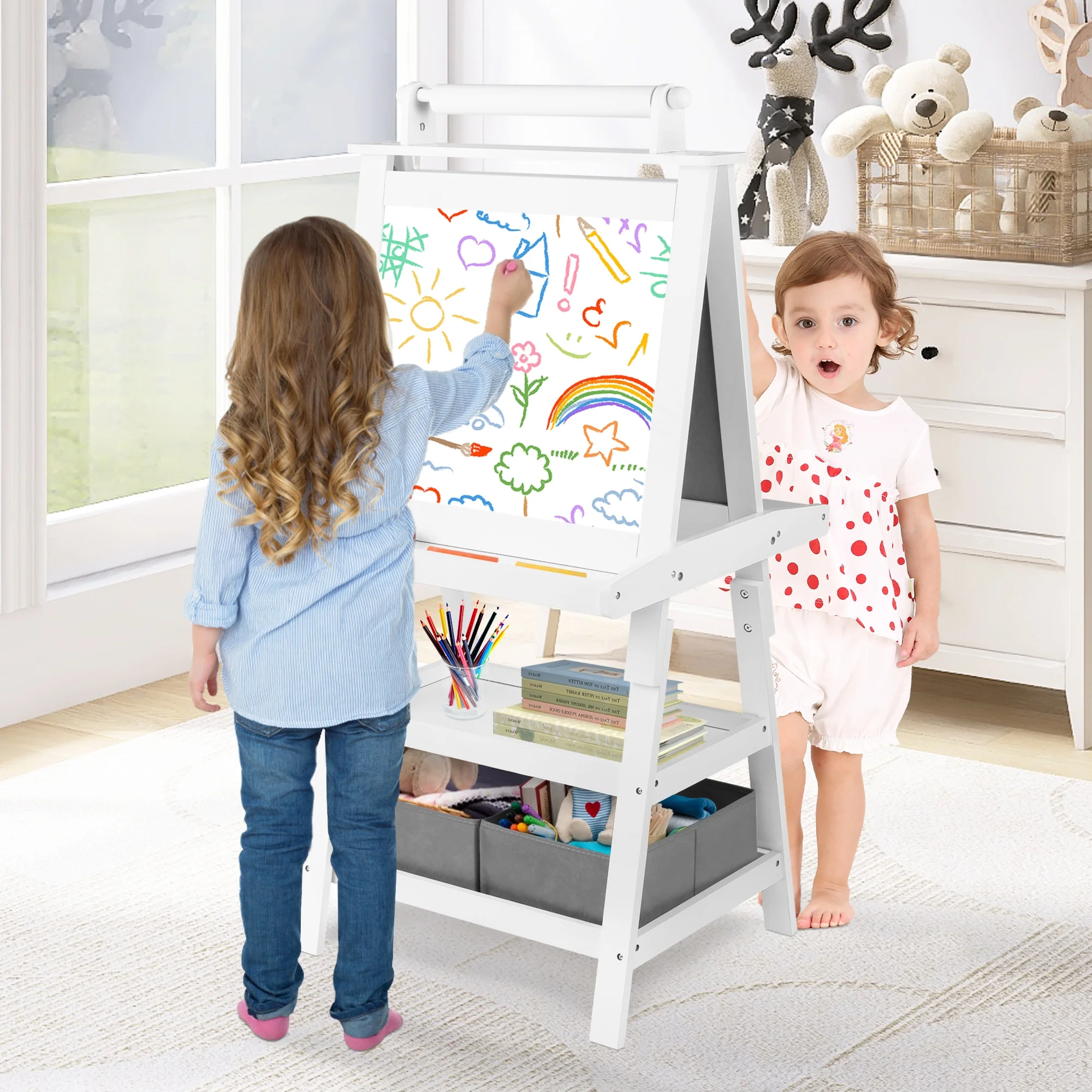 LINLUX 3 in 1 Art Easel for Kid, Whiteboard for Kid with Stand, Magnetic Chalkboard Pizarra, Grey