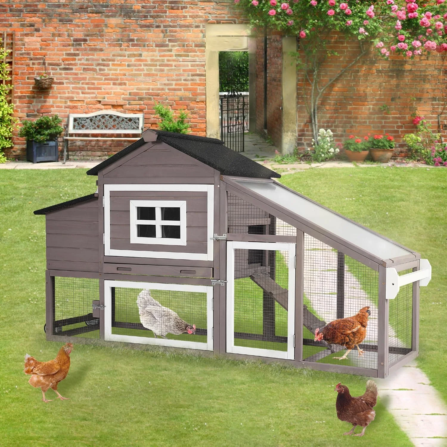 BUTINGLALE Chicken Coop Mobile Chicken House On Wheel Outdoor Rabbit Hutch for 2-4 Chickens 67