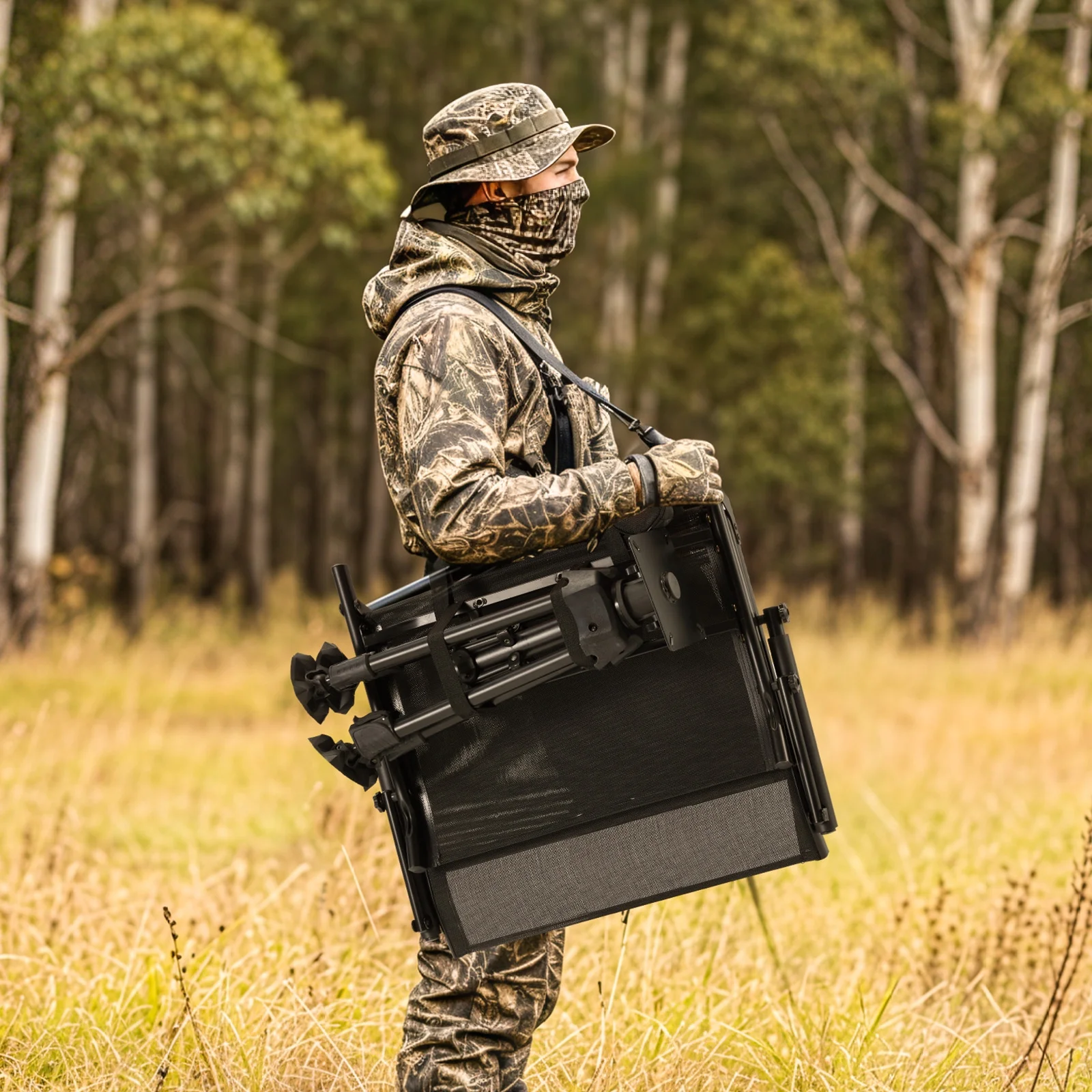 Danrelax 360° Silent Camo Hunting Blind Chair, Armrests, Side Pouch, Telescopic Legs