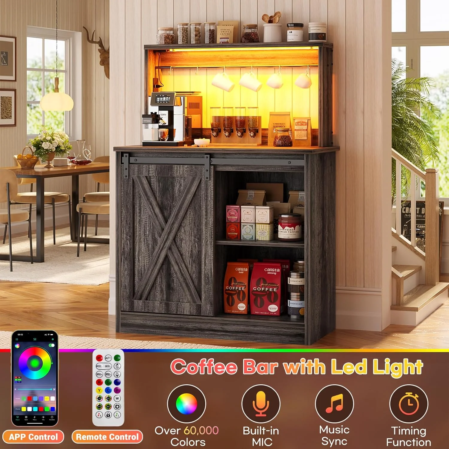 Homieasy Farmhouse Coffee Bar Cabinet with Charging Station, LED Lighting, Adjustable Shelves & Rustic Sliding Barn Door Design for Kitchen, Dining, or Living Room, Black Oak