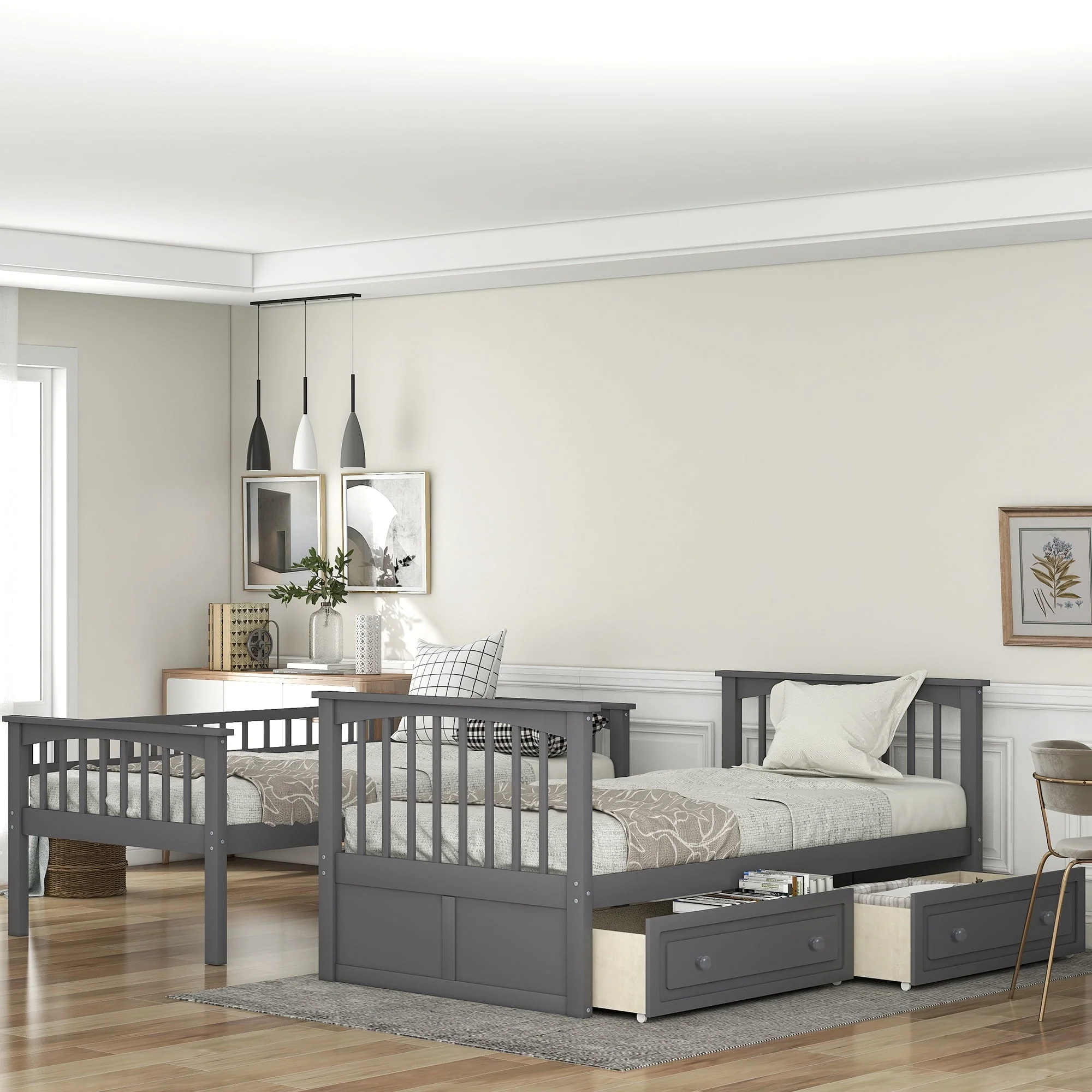 Euroco Pine Wood Bunk Bed with Storage 2 Drawers, Twin-over-Twin Bunk Bed with Safety Rail and Ladder for Kids, Conveted into 2 Single Beds, Sapce-Saving Design, Gray