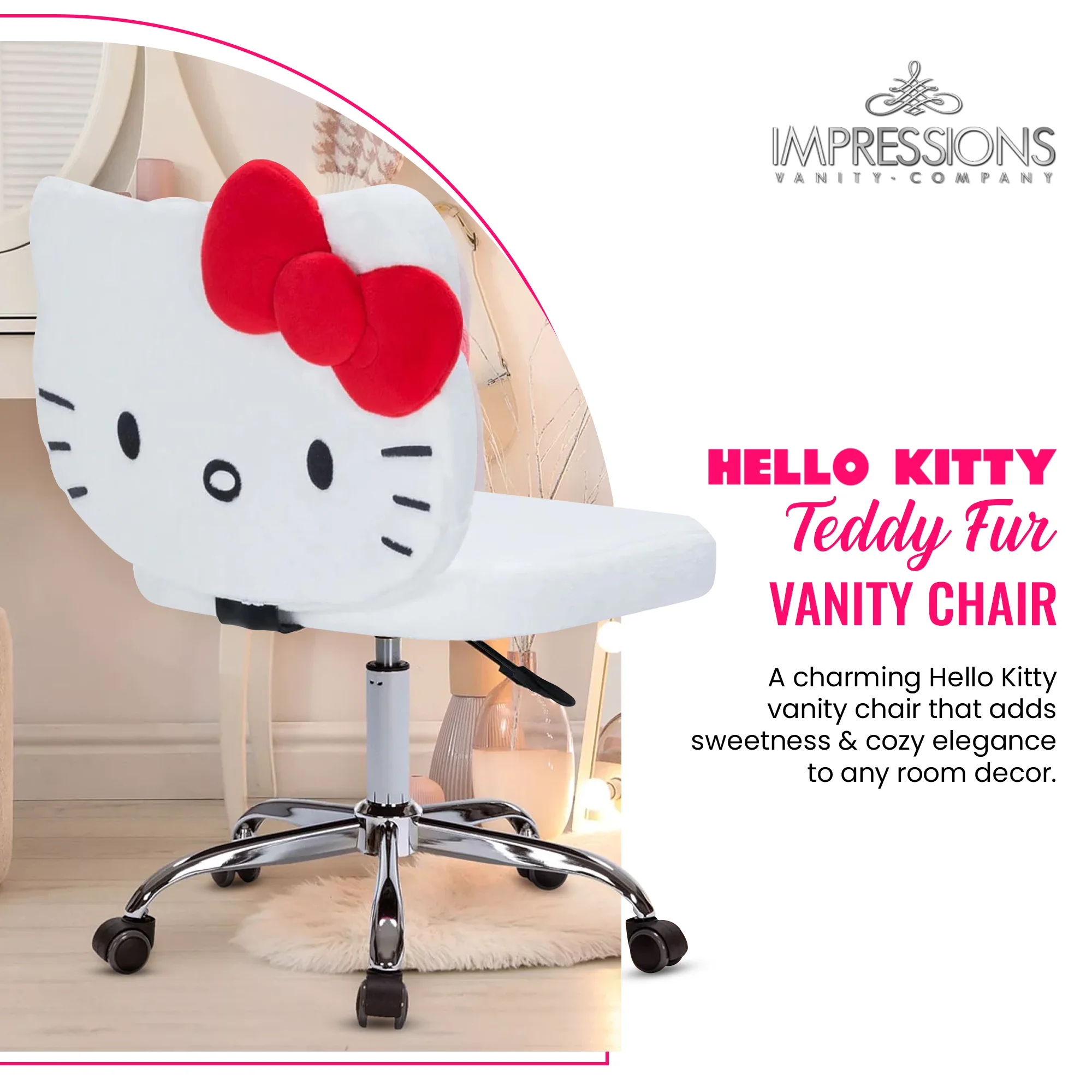 Impressions Vanity Hello Kitty Teddy Swivel Vanity Chair, Desk Chair with Adjustable Height (White)