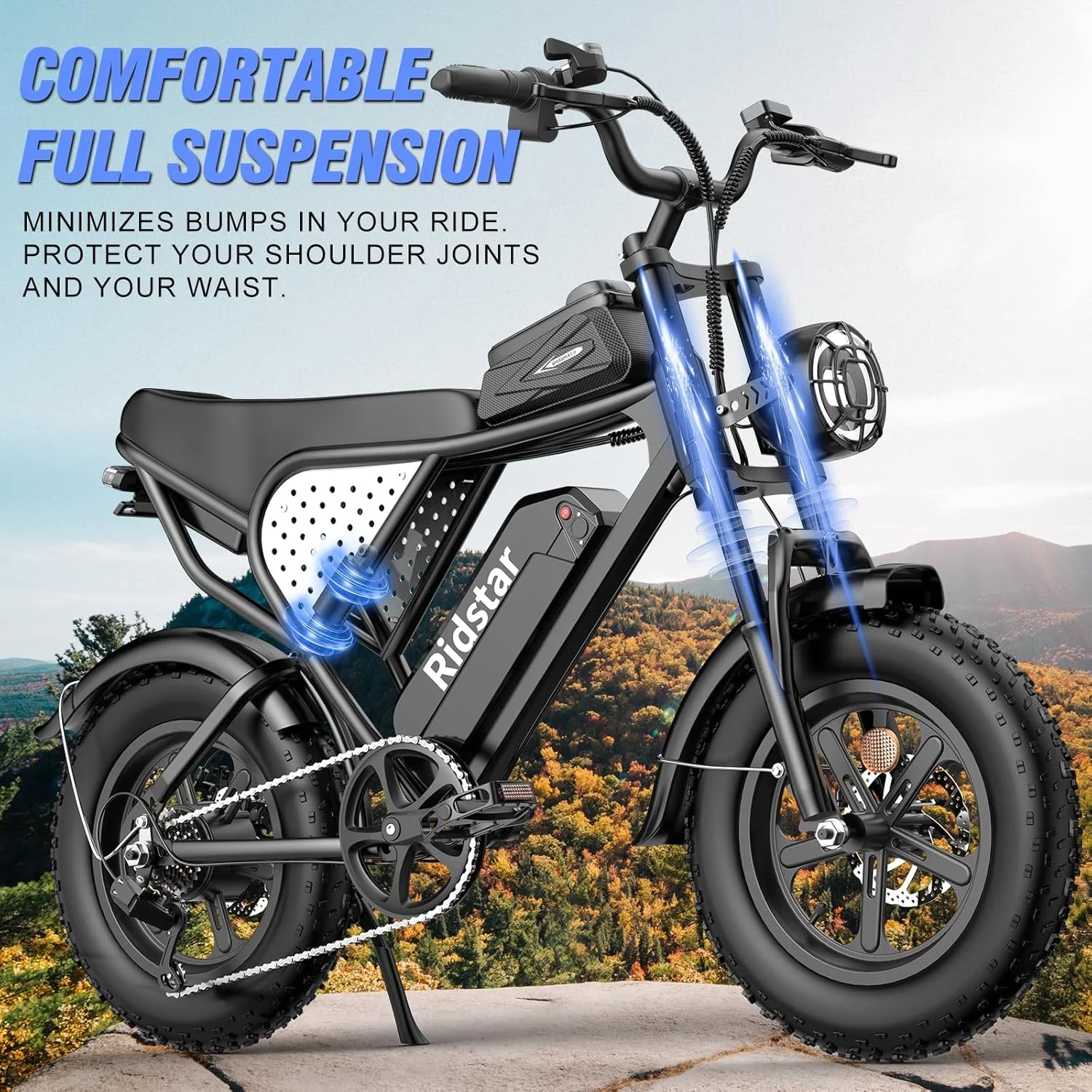 Ridstar Electric Bike for Adults Q20,1200W 30MPH,48V 15.6Ah Electric Bicycle,7 Speed Full Suspension Mountain Bike UL2849